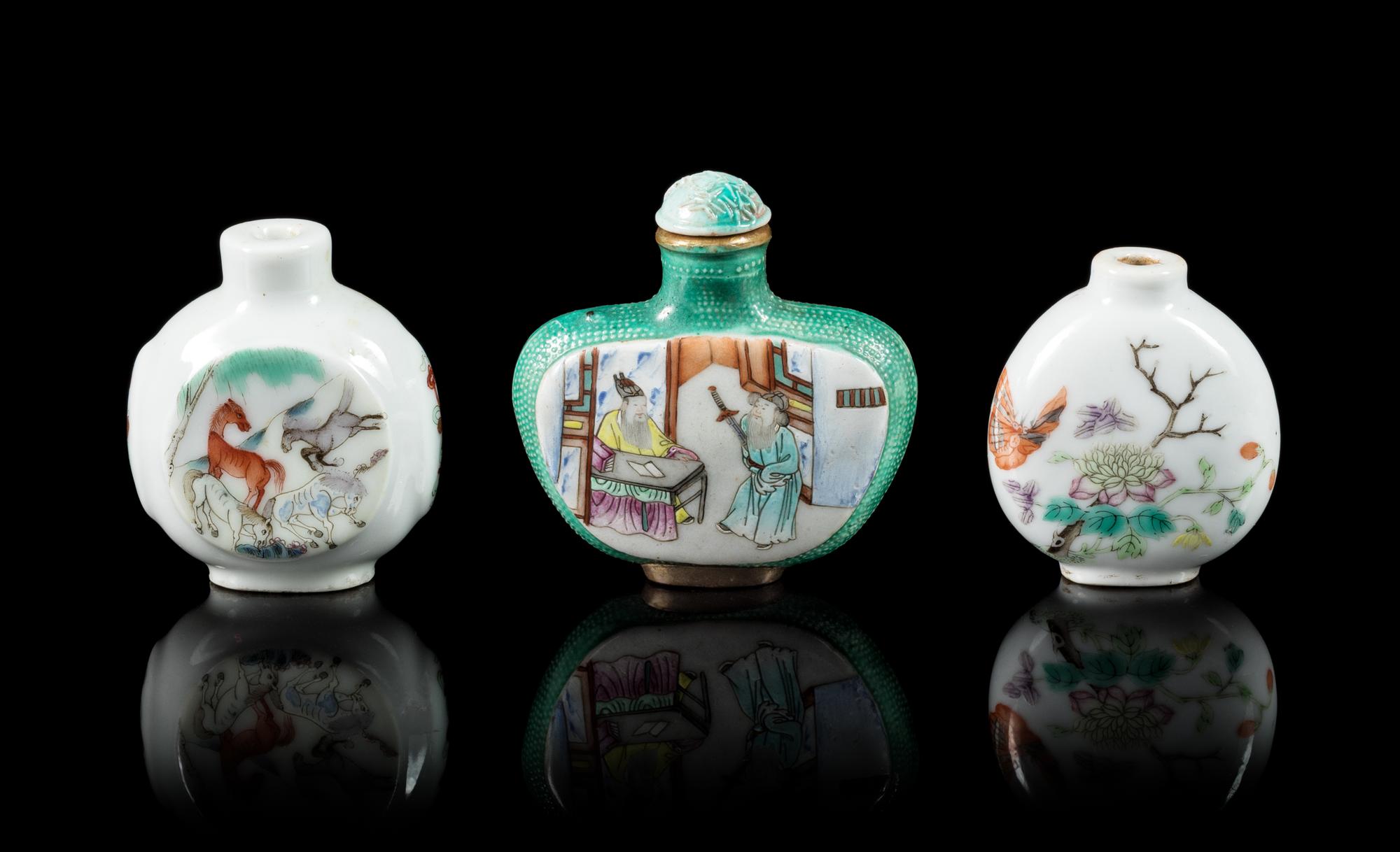 Three Famille Rose Porcelain Snuff Bottles Height of tallest overall 2 1/2 inches. — 19TH CENTURY