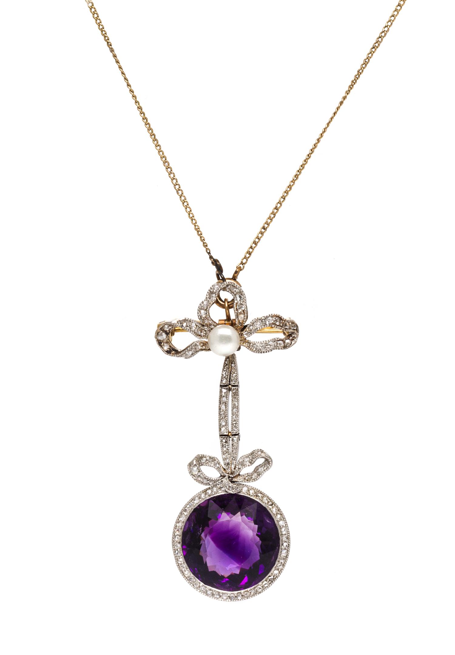 An Edwardian Platinum Topped Gold, Amethyst, Diamond and Pearl Lavaliere Pendant/Brooch, 7.60 dwts.