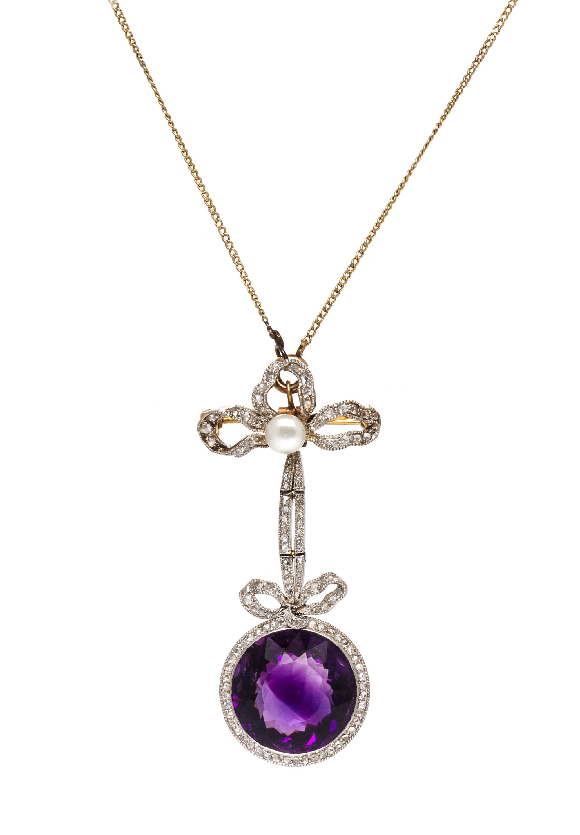 An Edwardian Platinum Topped Gold, Amethyst, Diamond and Pearl Lavaliere Pendant/Brooch, 7.60 dwts.