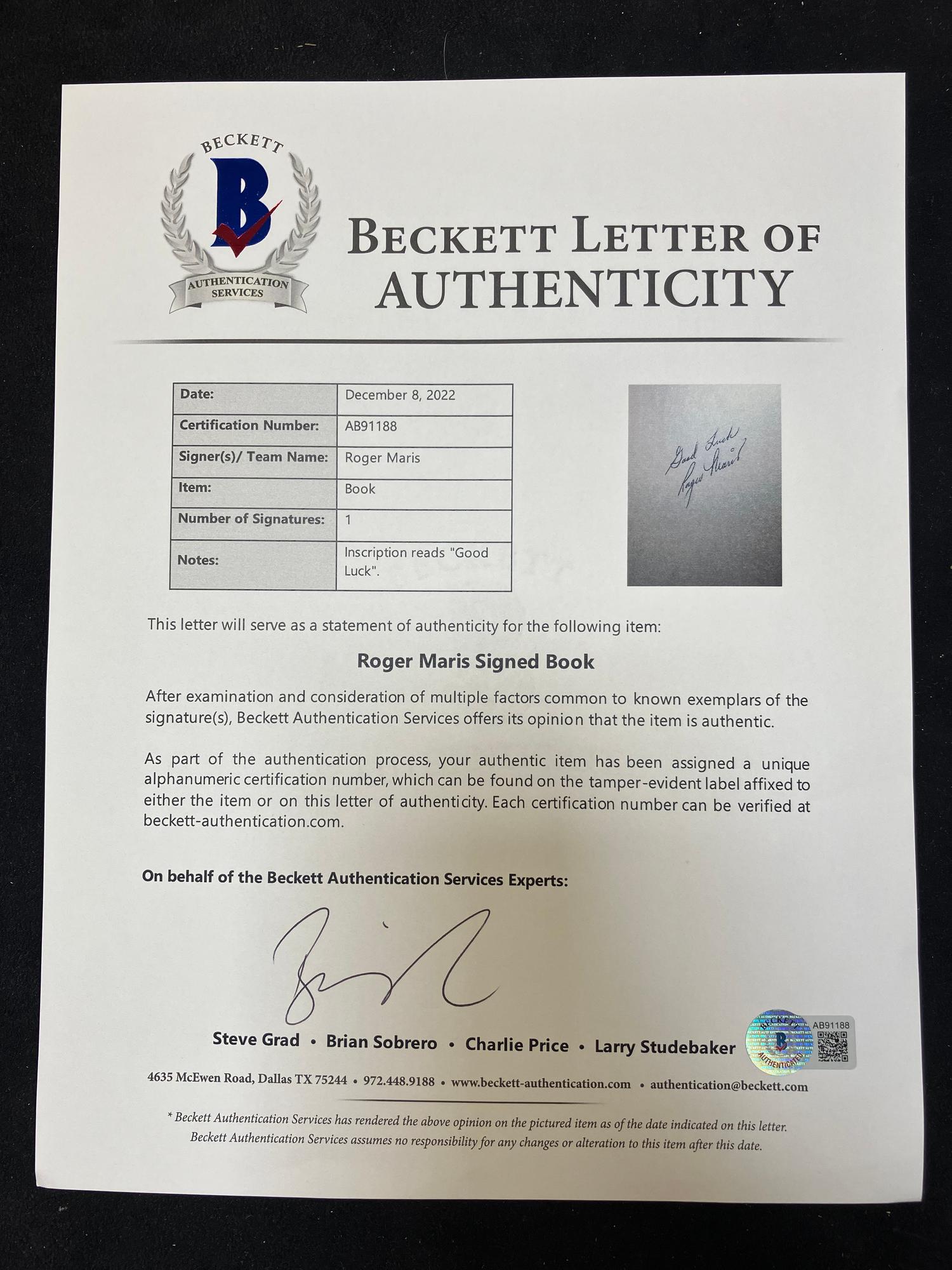 A Roger Maris Signed Autograph Edition of The Kansas City Athletics Book (Beckett Authentication Services Letter),