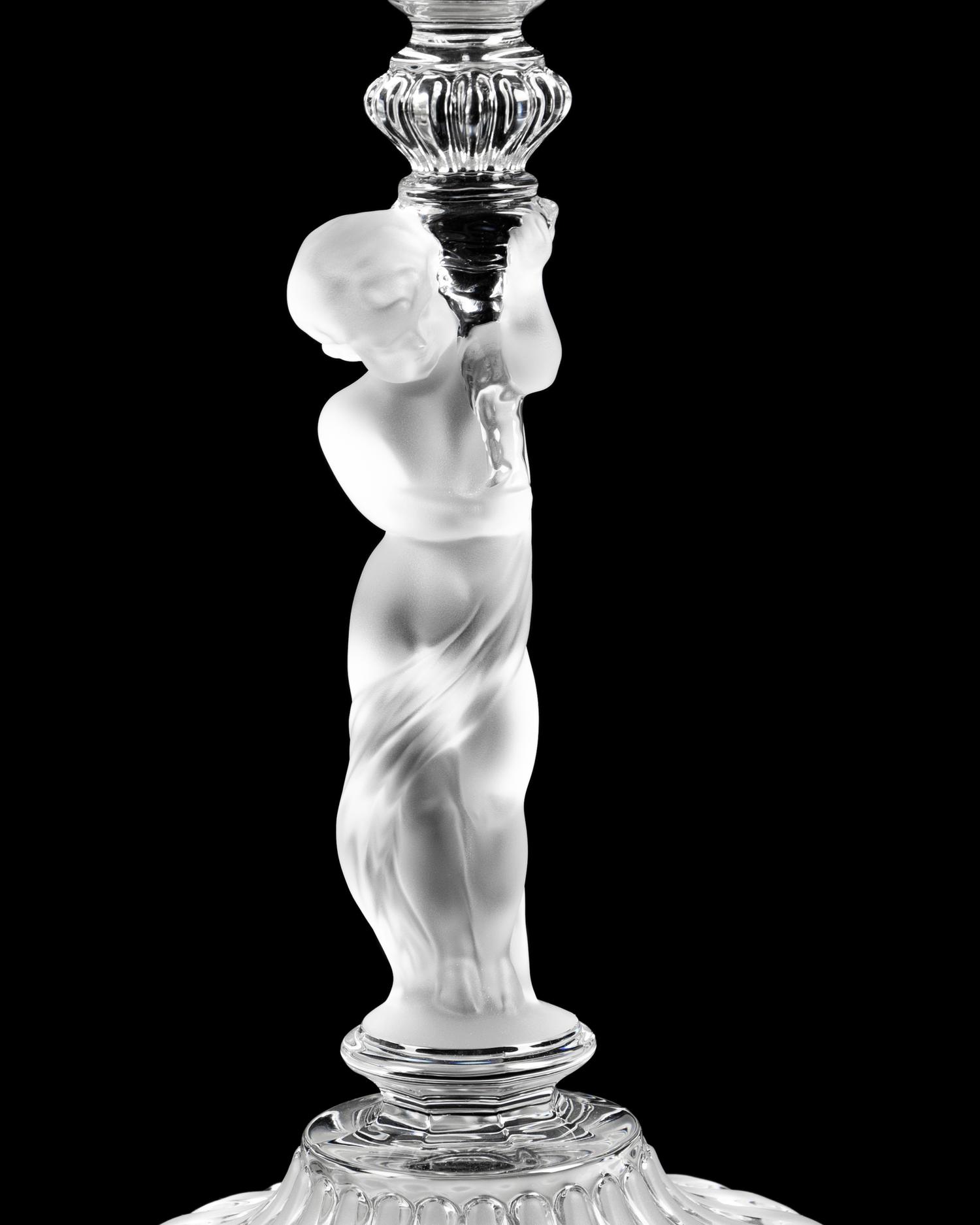 A Pair of Baccarat Etched and Molded Glass Figural Two-Light Candelabra
