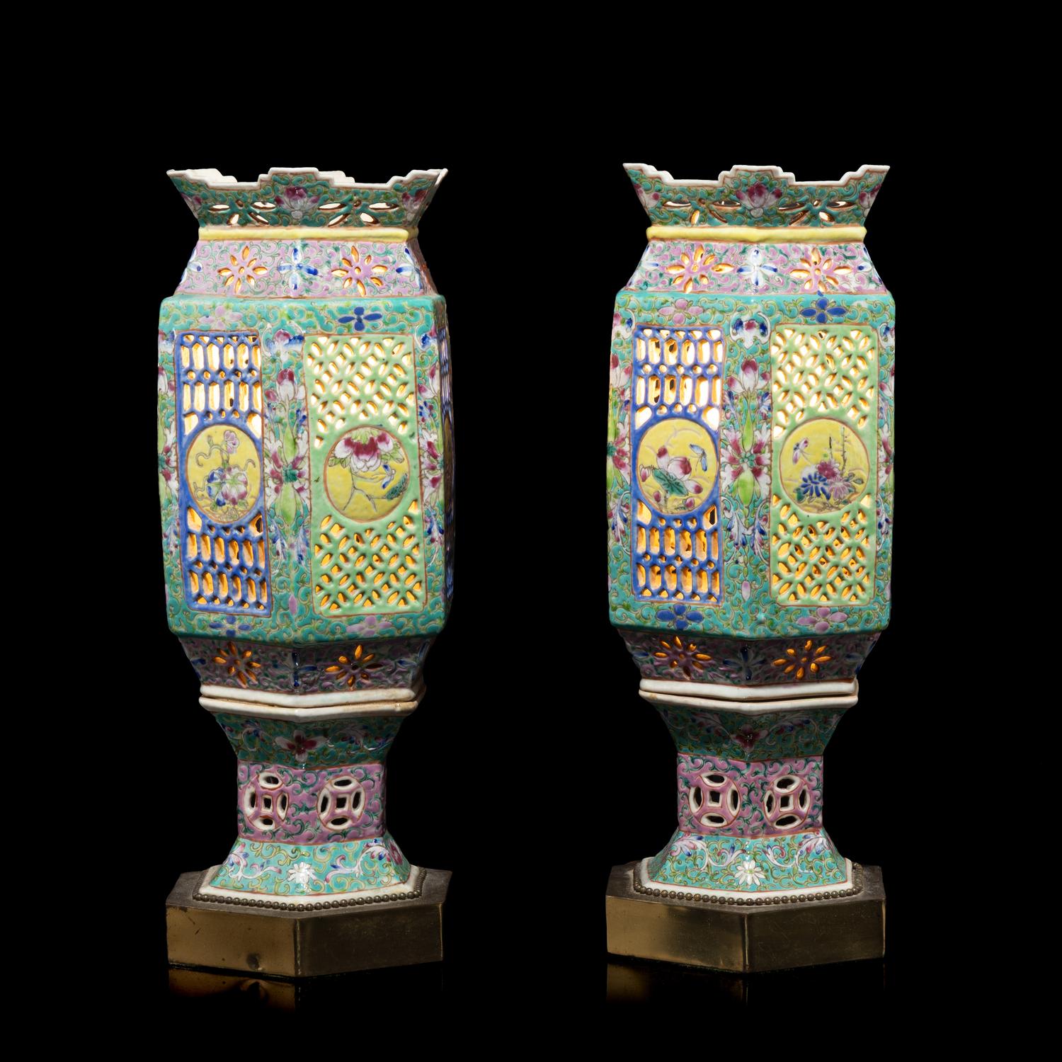A Pair of Chinese Famille Rose Porcelain Lanterns, Early-Mid 20th Century 近代 粉彩鏤雕瓷宮燈一對