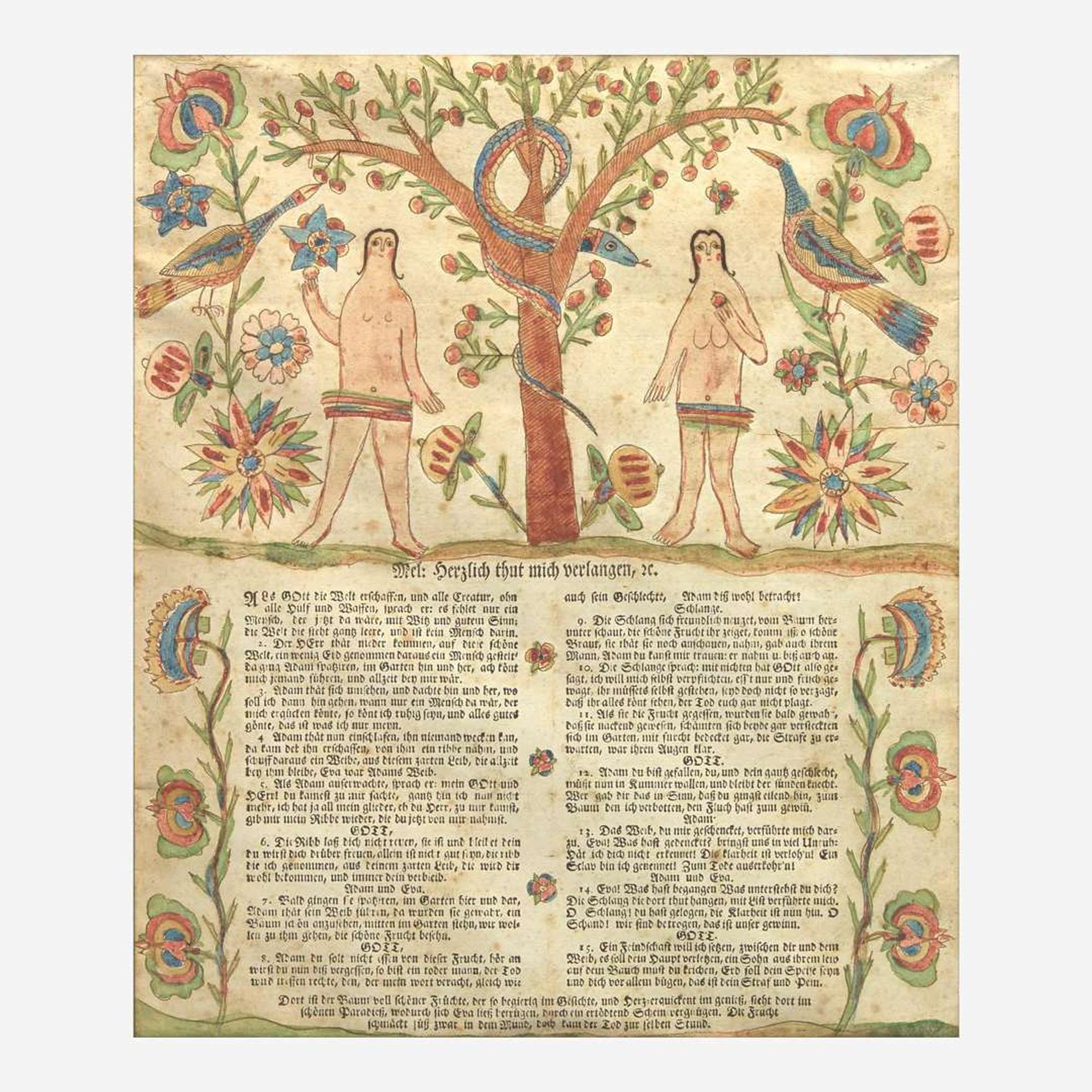 An Adam and Eve hand-decorated letterpress broadside decorated by Georg Friedrich Speyer (active 1774-1801), circa 1790