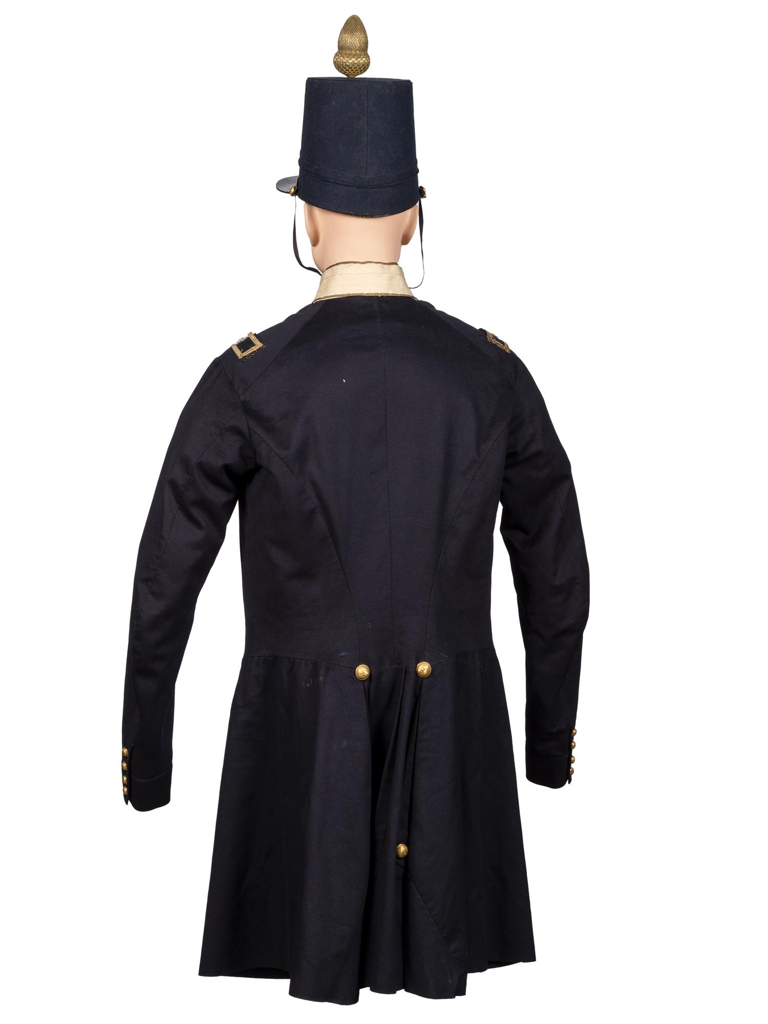 [MILITIA]. Frock coat and Model 1851 shako with original box identified to Massachusetts Militia Brigadier General Eliab Ward.
