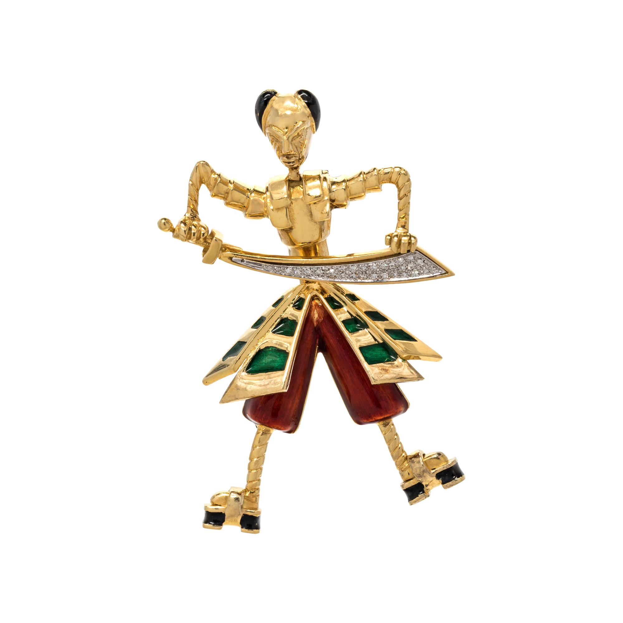 YELLOW GOLD, DIAMOND AND ENAMEL SAMURAI BROOCH