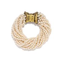 CULTURED PEARL, RUBY, AND YELLOW GOLD TORSADE BRACELET