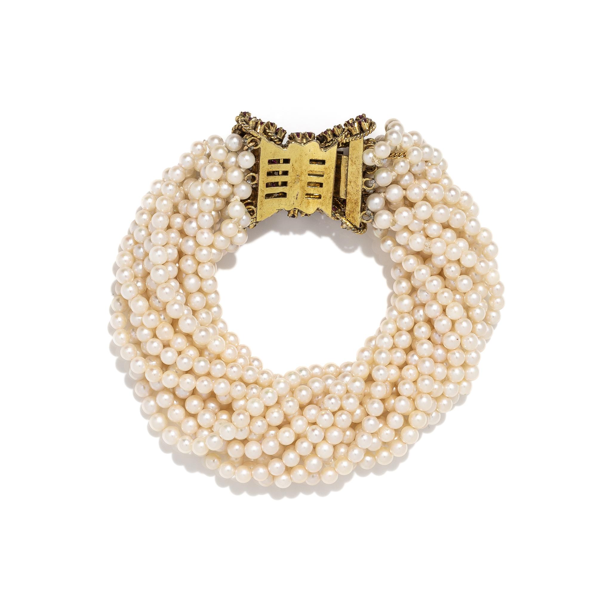 CULTURED PEARL, RUBY, AND YELLOW GOLD TORSADE BRACELET