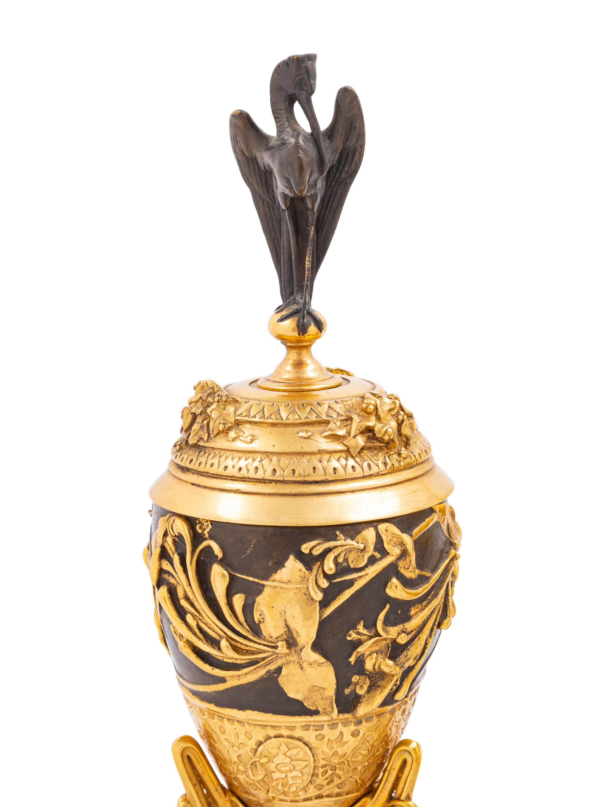 A Pair of French Neoclassical Gilt and Patinated Bronze Urn Ornaments