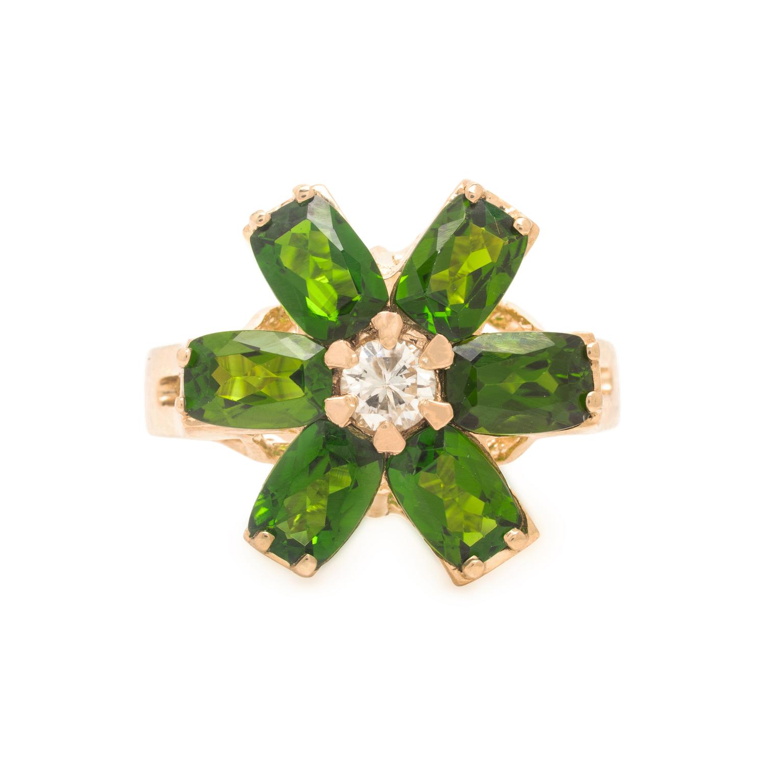 Chrome Diopside, Diamond, and Yellow Gold Flower Ring