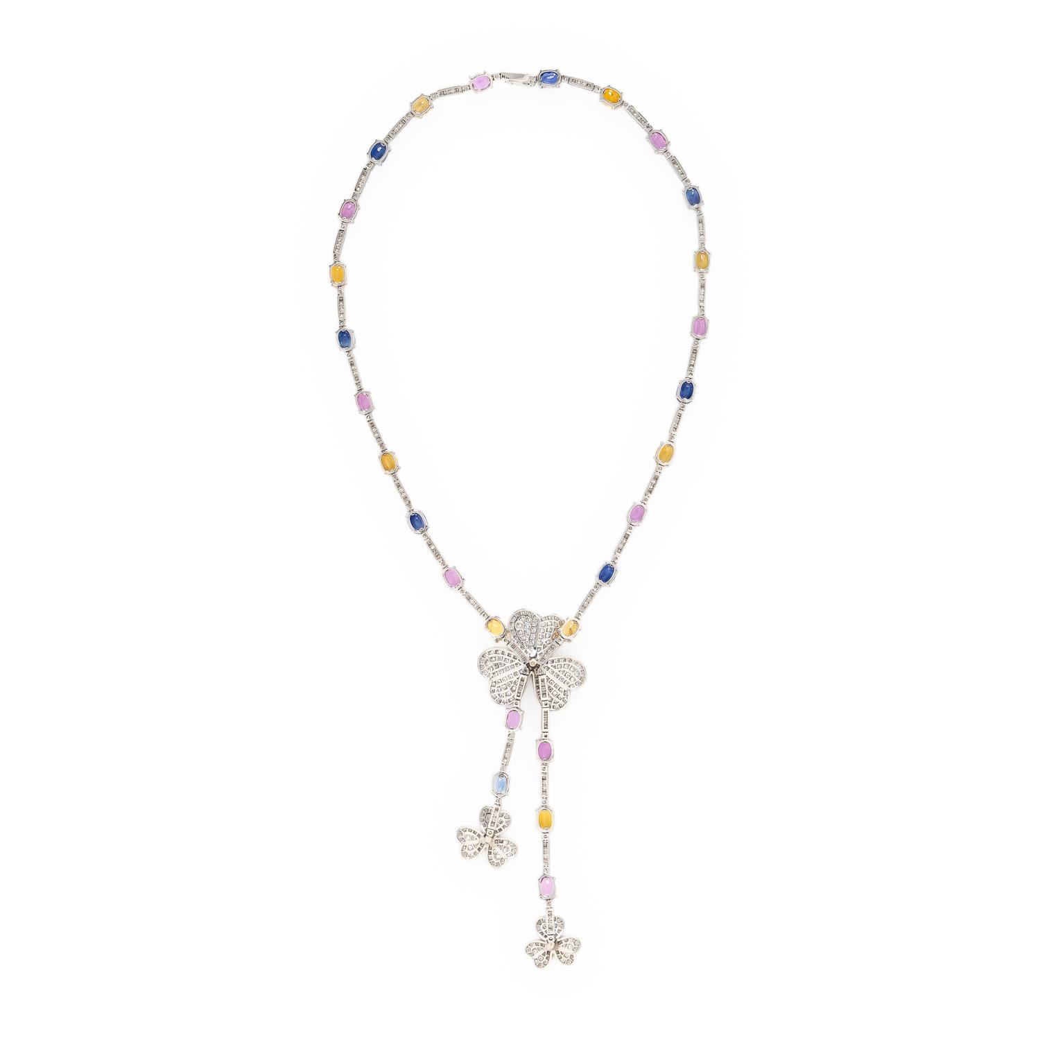 Multi Color Sapphire and Diamond Clover Lavalier Necklace