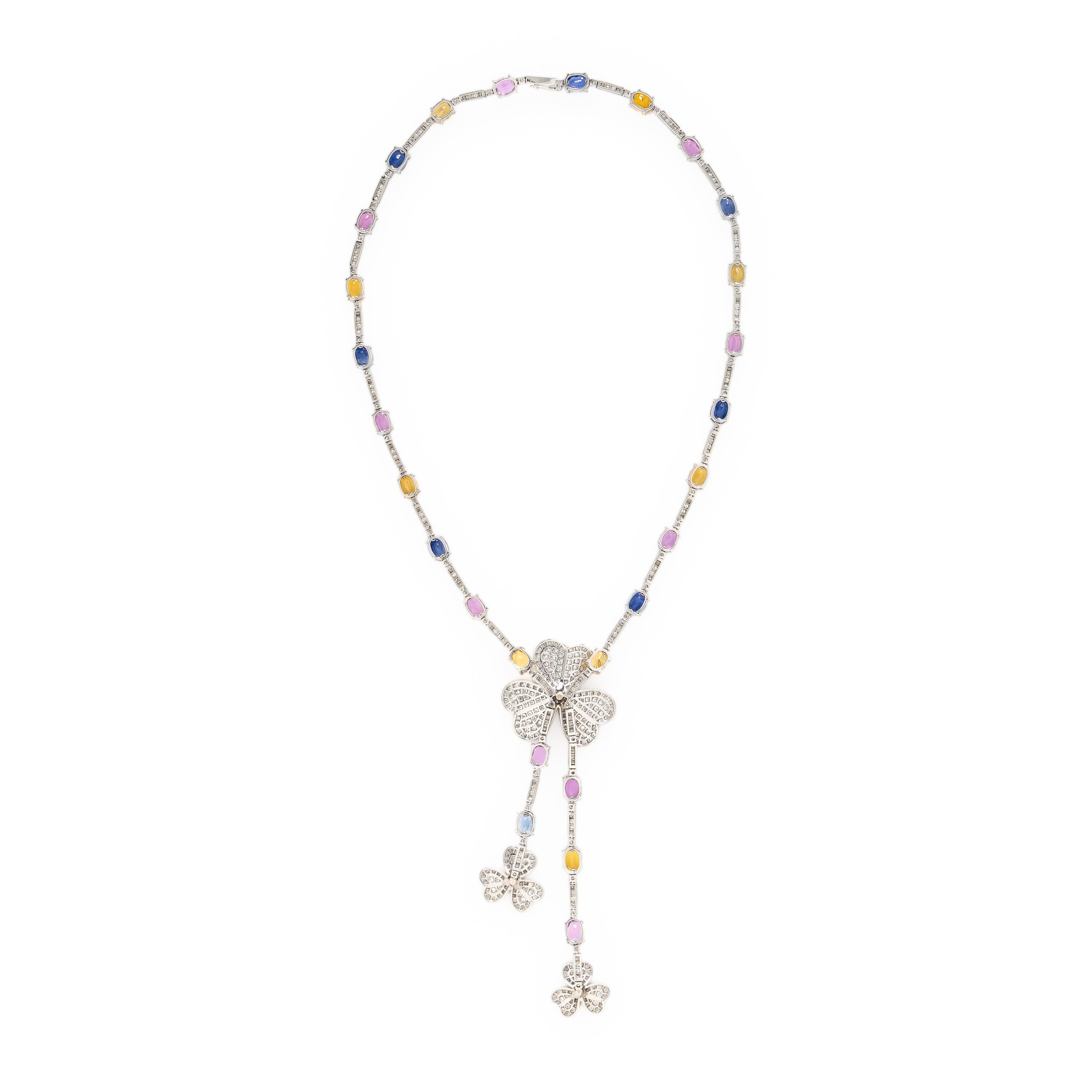 Multi Color Sapphire and Diamond Clover Lavalier Necklace