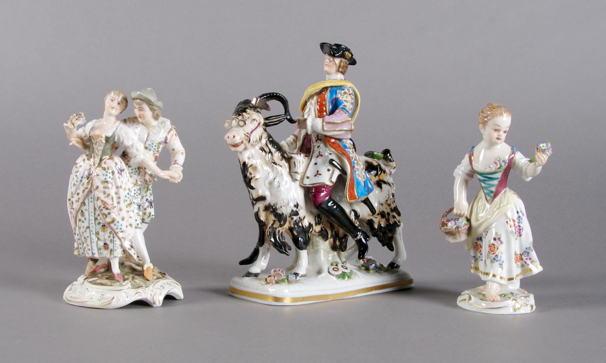 A Meissen Porcelain Figure, Height of first 5 1/4 inches.