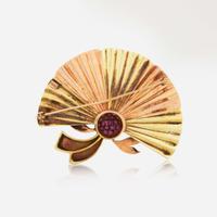 A Retro 14K Gold and Ruby Brooch