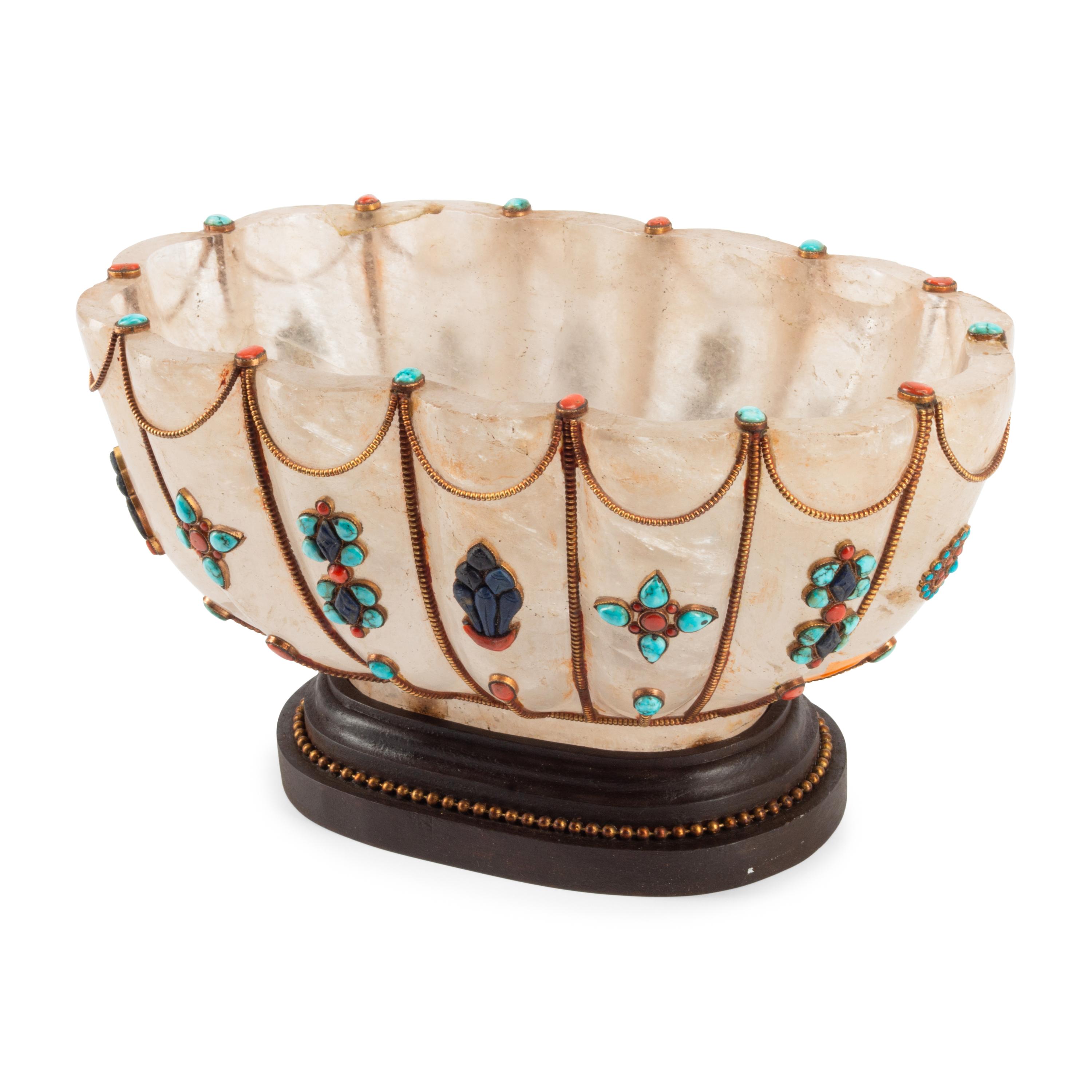 A Large Fluted Rock Crystal and Jewel-Mounted Bowl