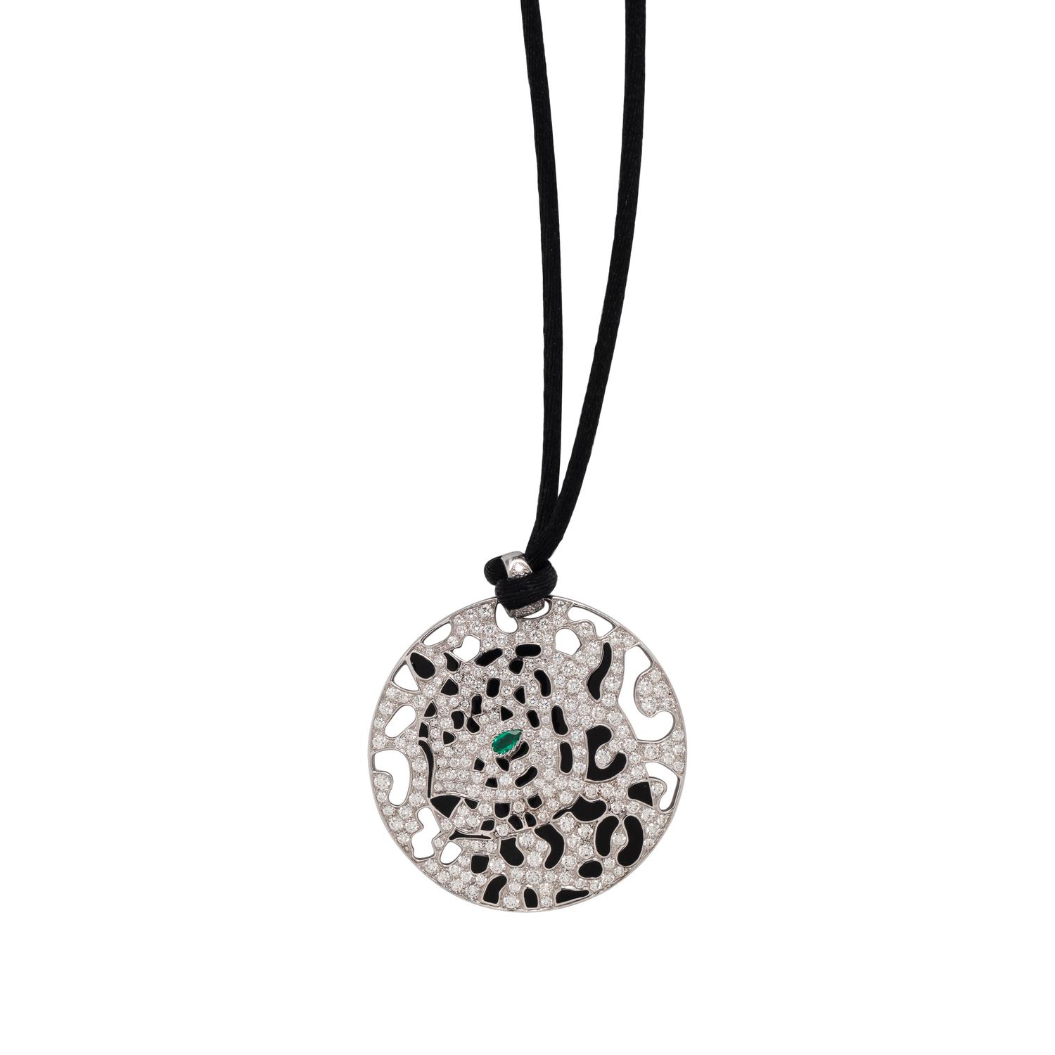 CARTIER, DIAMOND, EMERALD AND ENAMEL PANTHÈRE PENDANT/NECKLACE