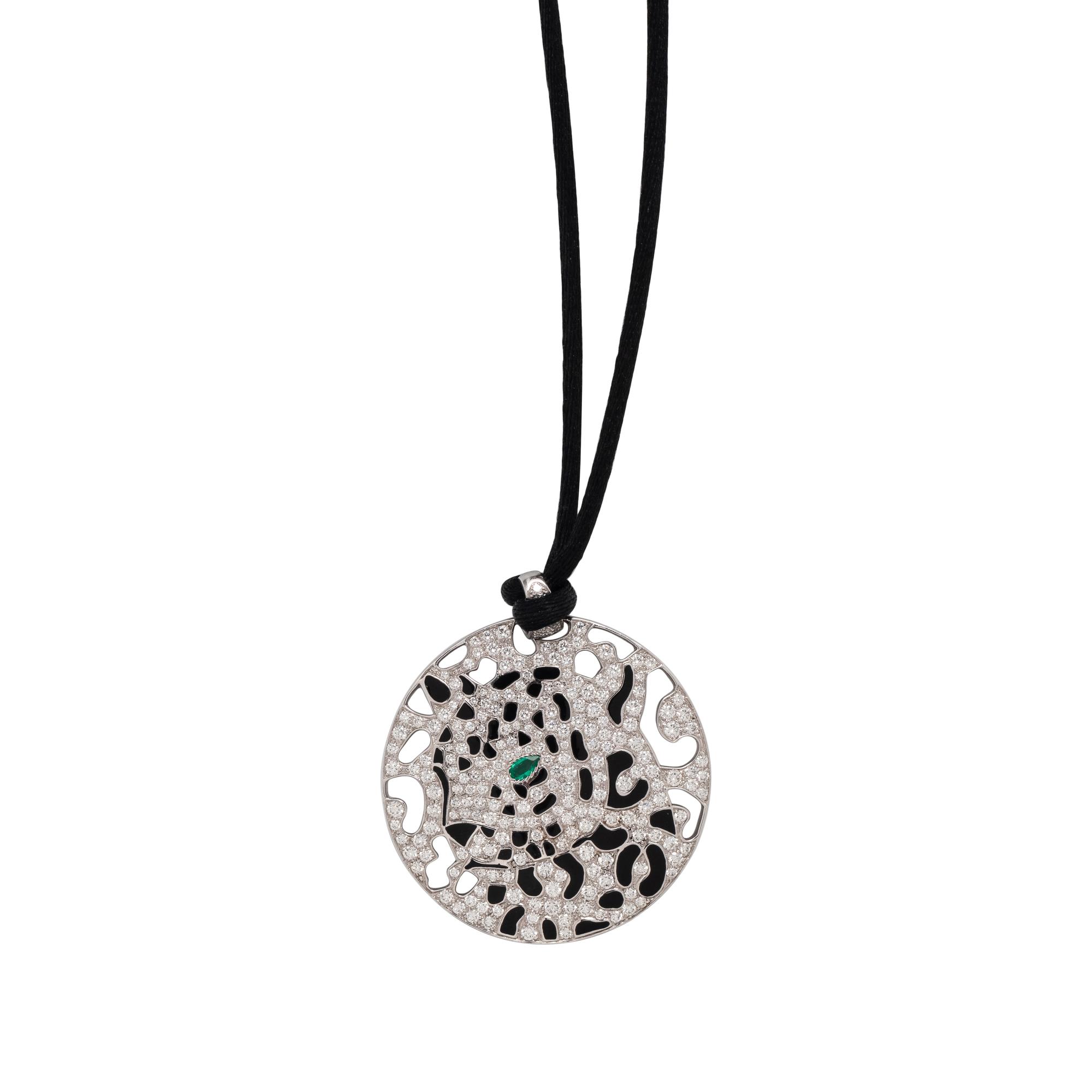 CARTIER, DIAMOND, EMERALD AND ENAMEL PANTHÈRE PENDANT/NECKLACE