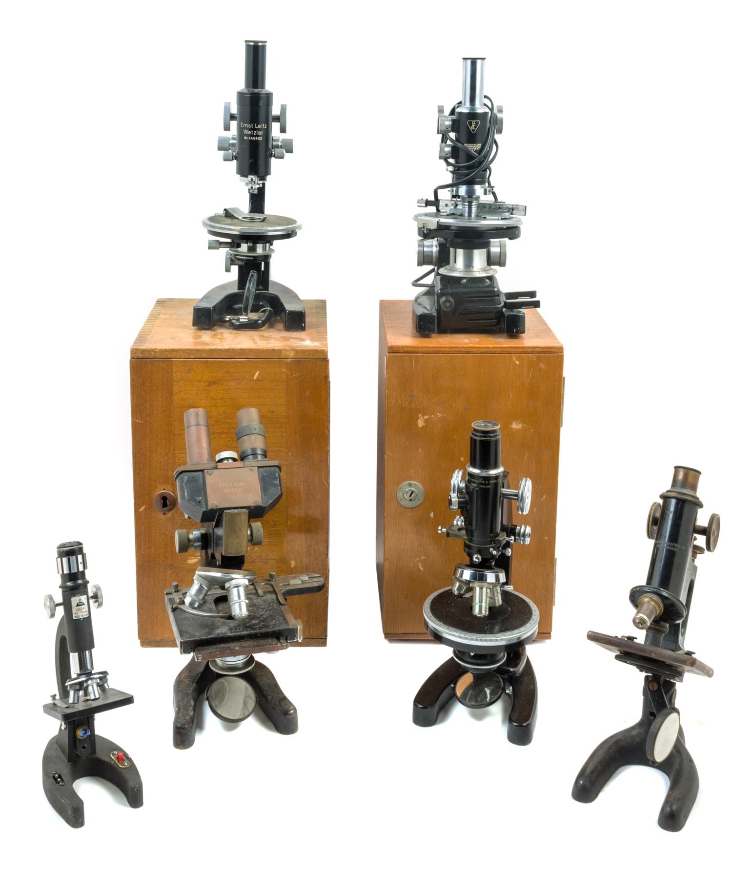 A Group of Five Black Lacquered Microscopes Height of tallest 13 inches. — VARIOUS MAKERS, 20TH CENTURY