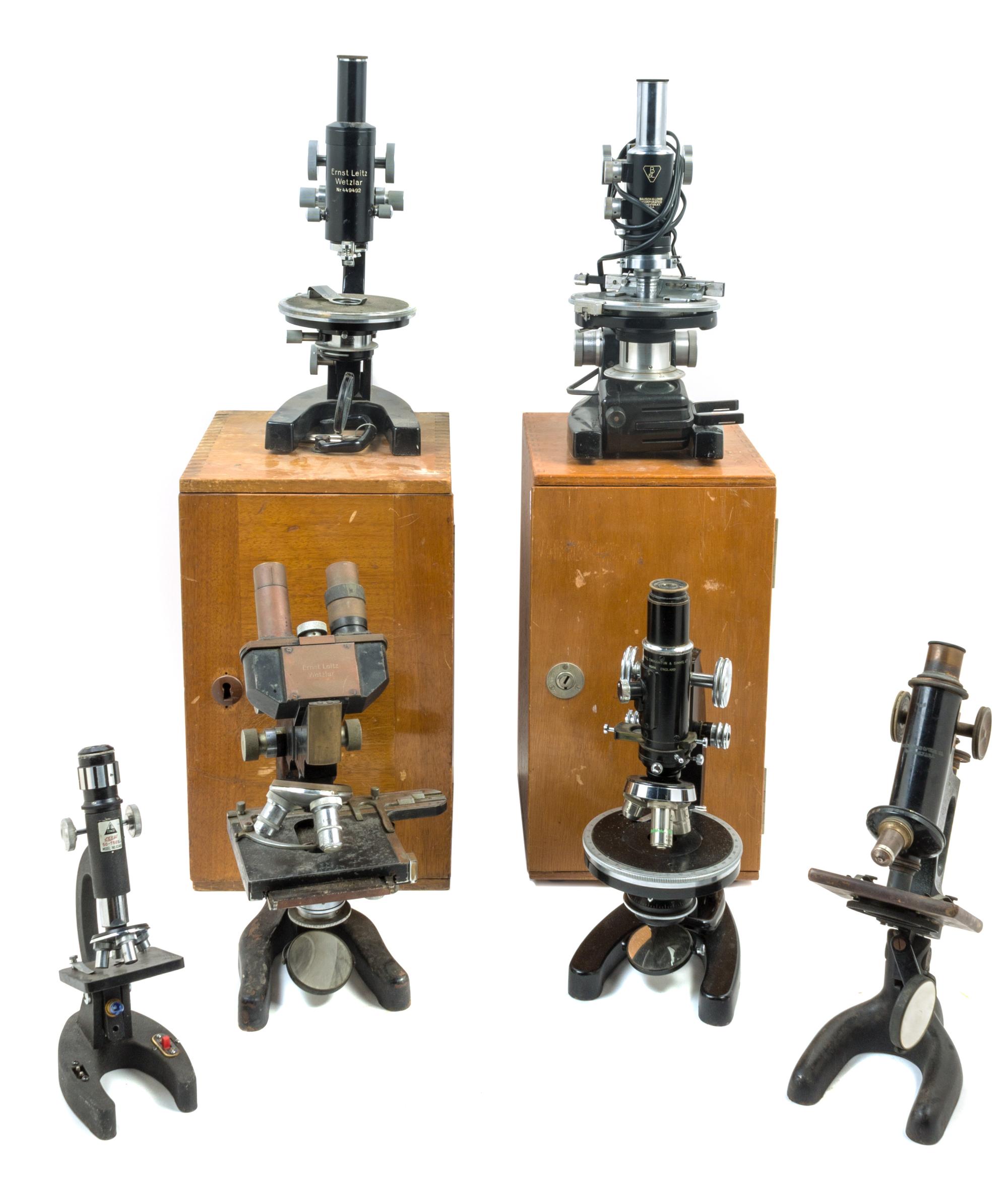 A Group of Five Black Lacquered Microscopes Height of tallest 13 inches. — VARIOUS MAKERS, 20TH CENTURY