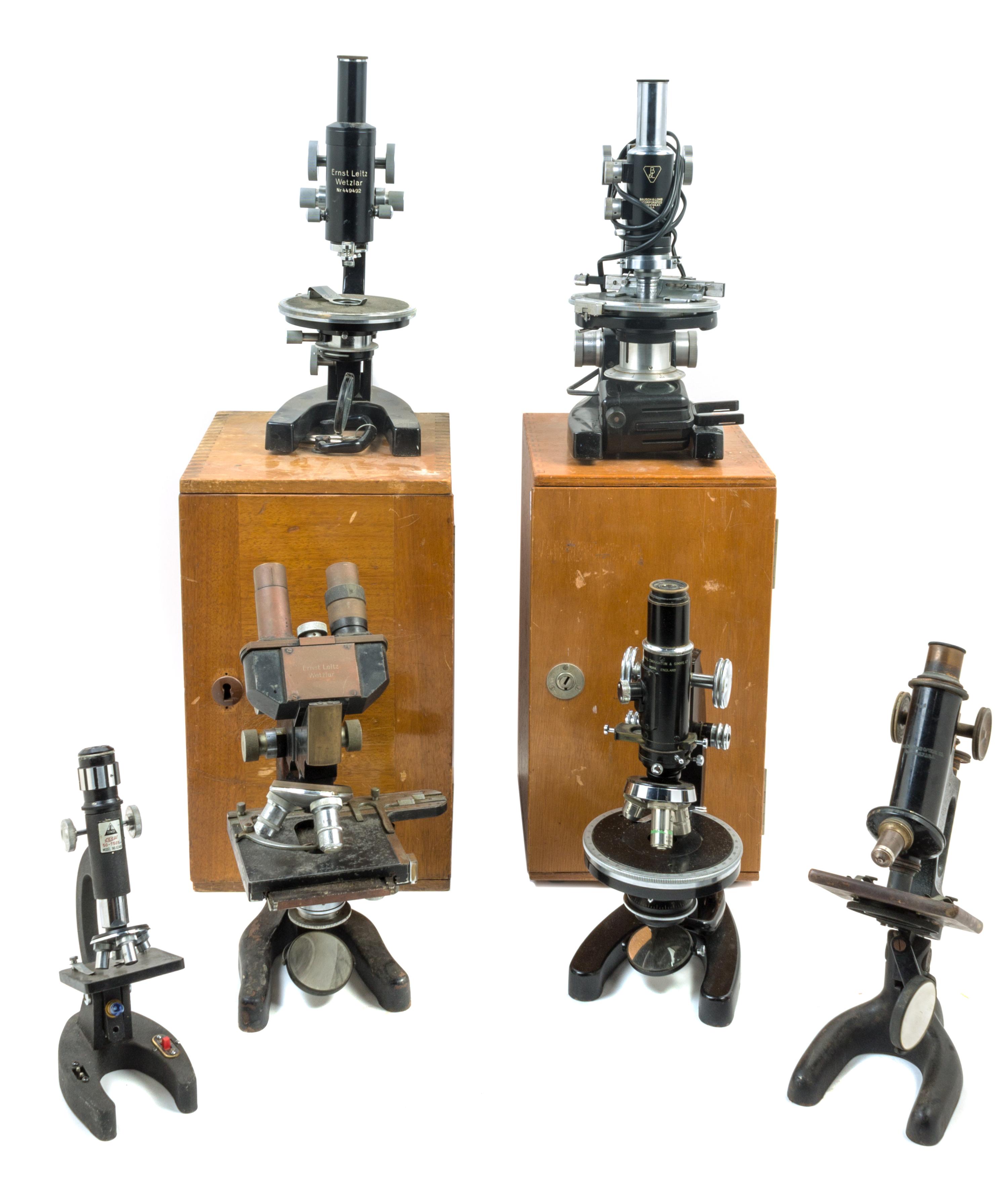 A Group of Five Black Lacquered Microscopes Height of tallest 13 inches. — VARIOUS MAKERS, 20TH CENTURY