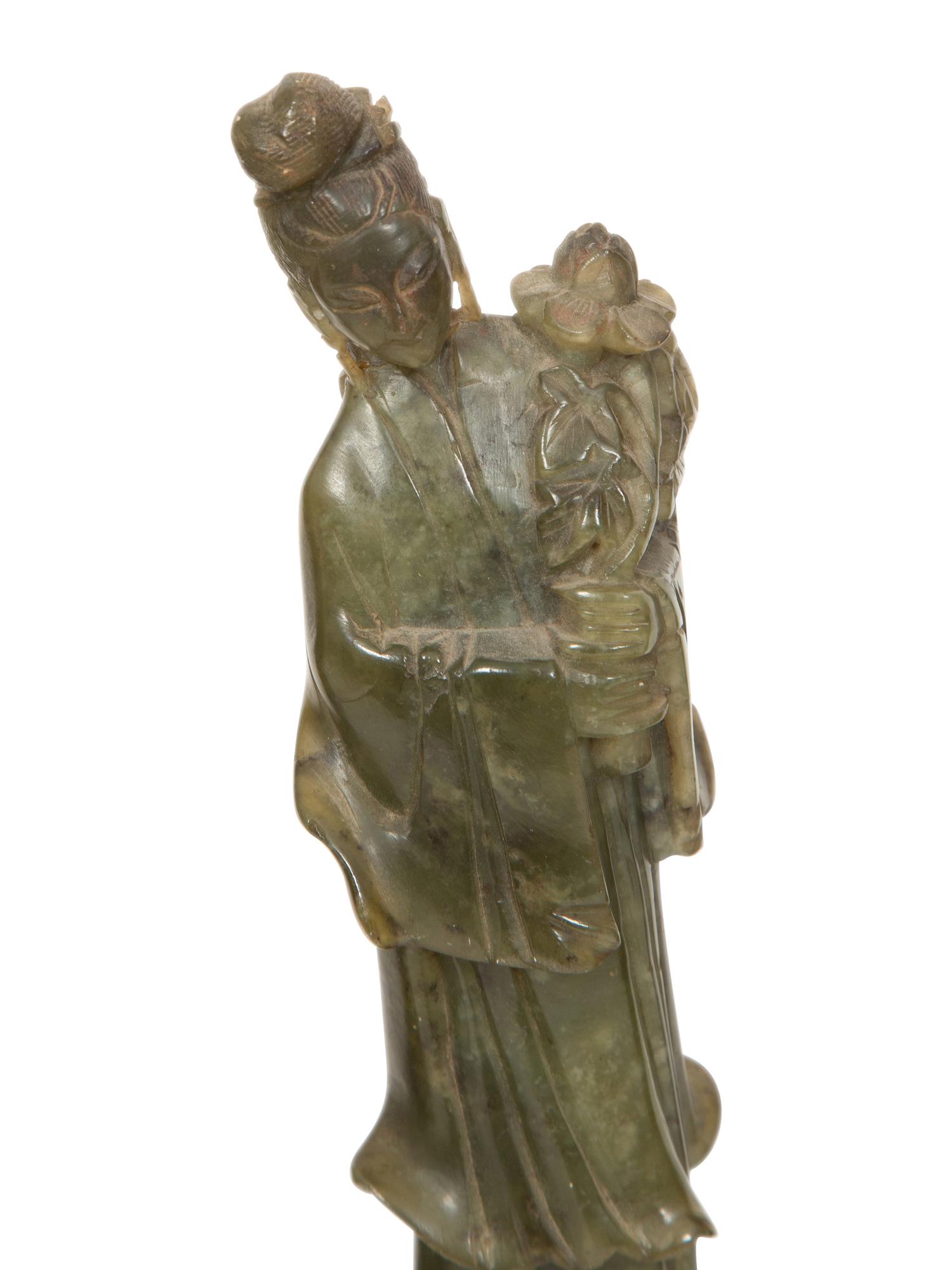 A Pair of Chinese Carved Wood Scholars and a Pair of Carved Green Hardstone Guan Yins