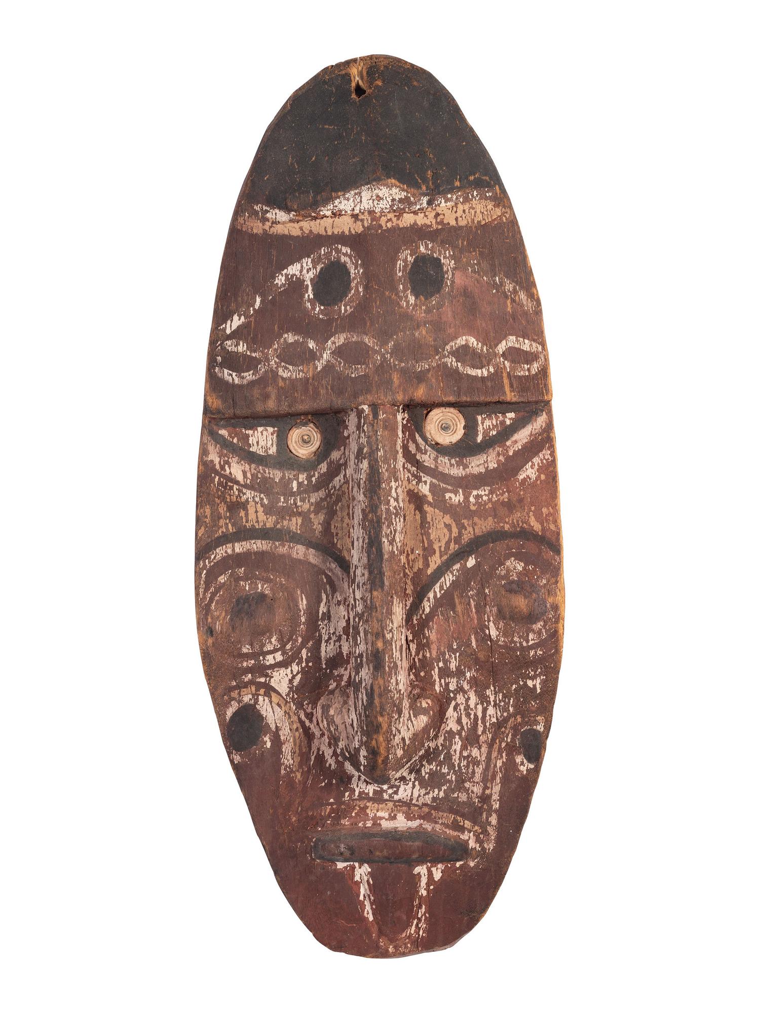 A Painted Leather African Shield and a Painted Wood Board Depicting an African Mask