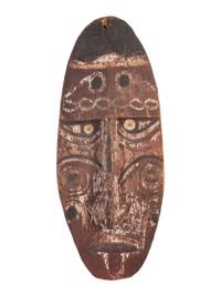 A Painted Leather African Shield and a Painted Wood Board Depicting an African Mask