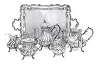 A Peruvian Silver Six-Piece Tea Service, Industria Peruana-Plata Estruina, 20th Century, comprising a teapot, coffee pot, covered sugar