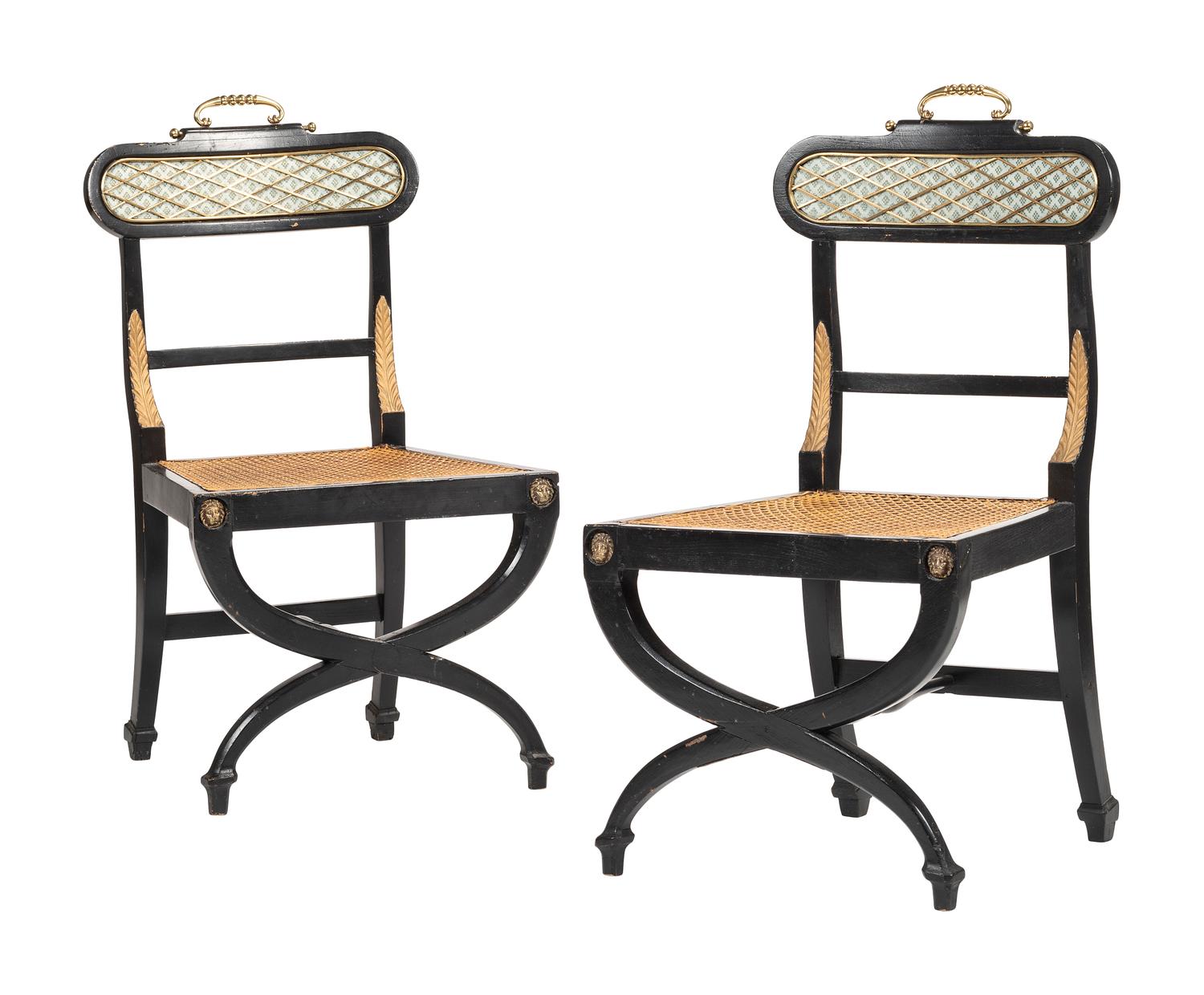 A Pair of Neoclassical Style Ebonized Curule Side Chairs