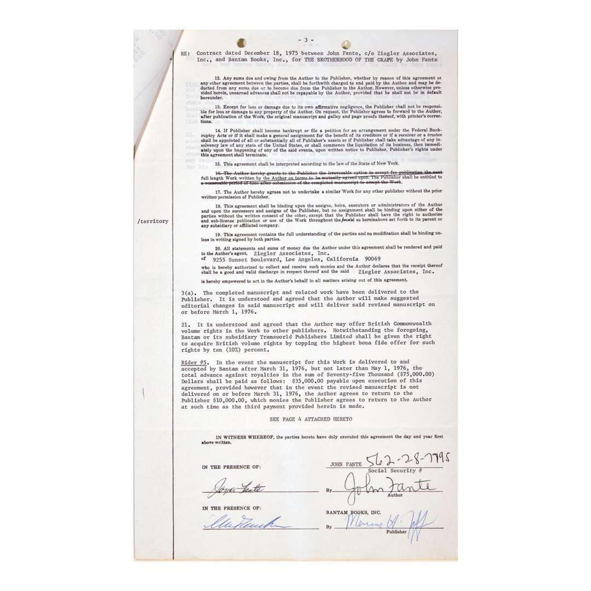 [Literature] Fante, John Group of 3 First Editions and One Signed Contract