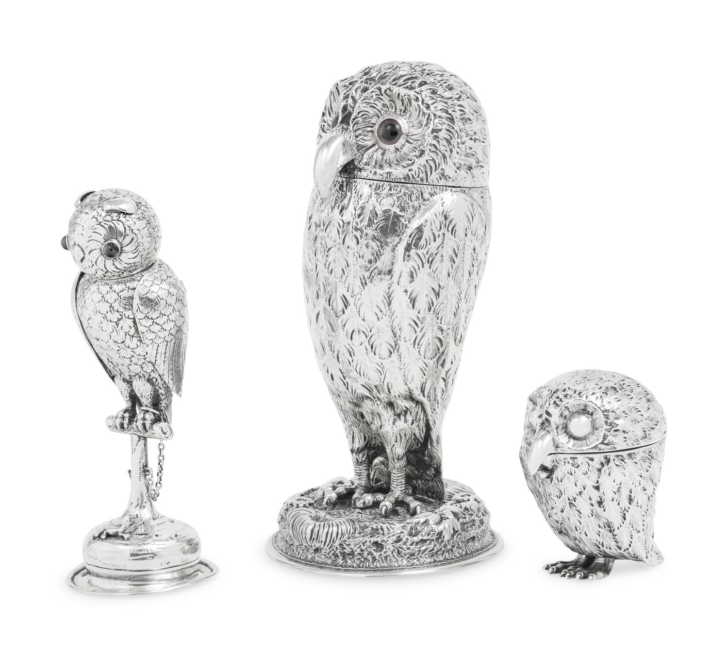 Three Silver Owl-Form Covered Canisters