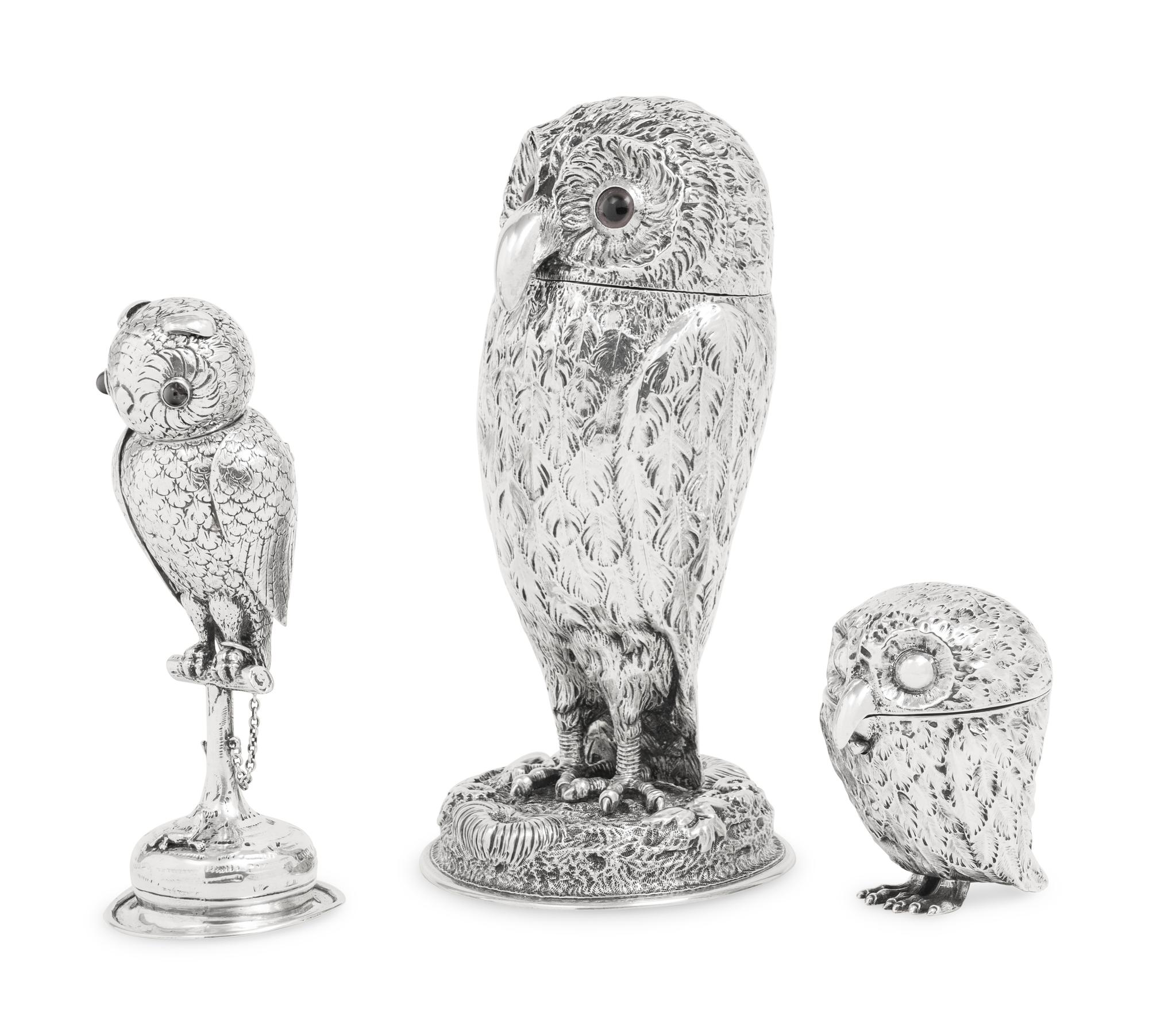 Three Silver Owl-Form Covered Canisters
