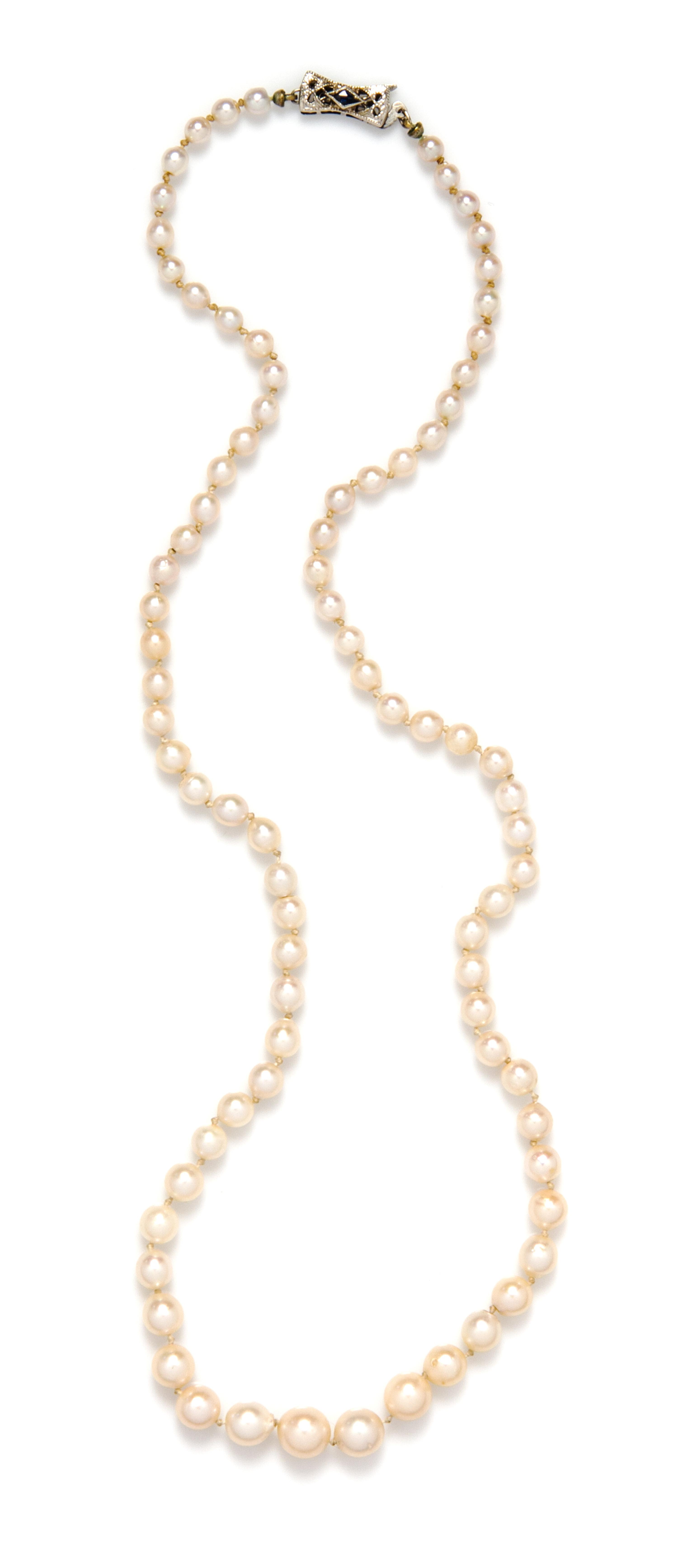 A 10 Karat White Gold, Sapphire and Graduated Cultured Pearl Necklace, 7.50 dwts.
