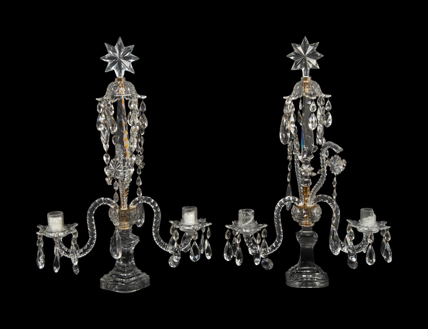 A Pair of English Brass Mounted Cut Glass Two-Light Girandoles