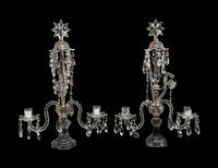 A Pair of English Brass Mounted Cut Glass Two-Light Girandoles
