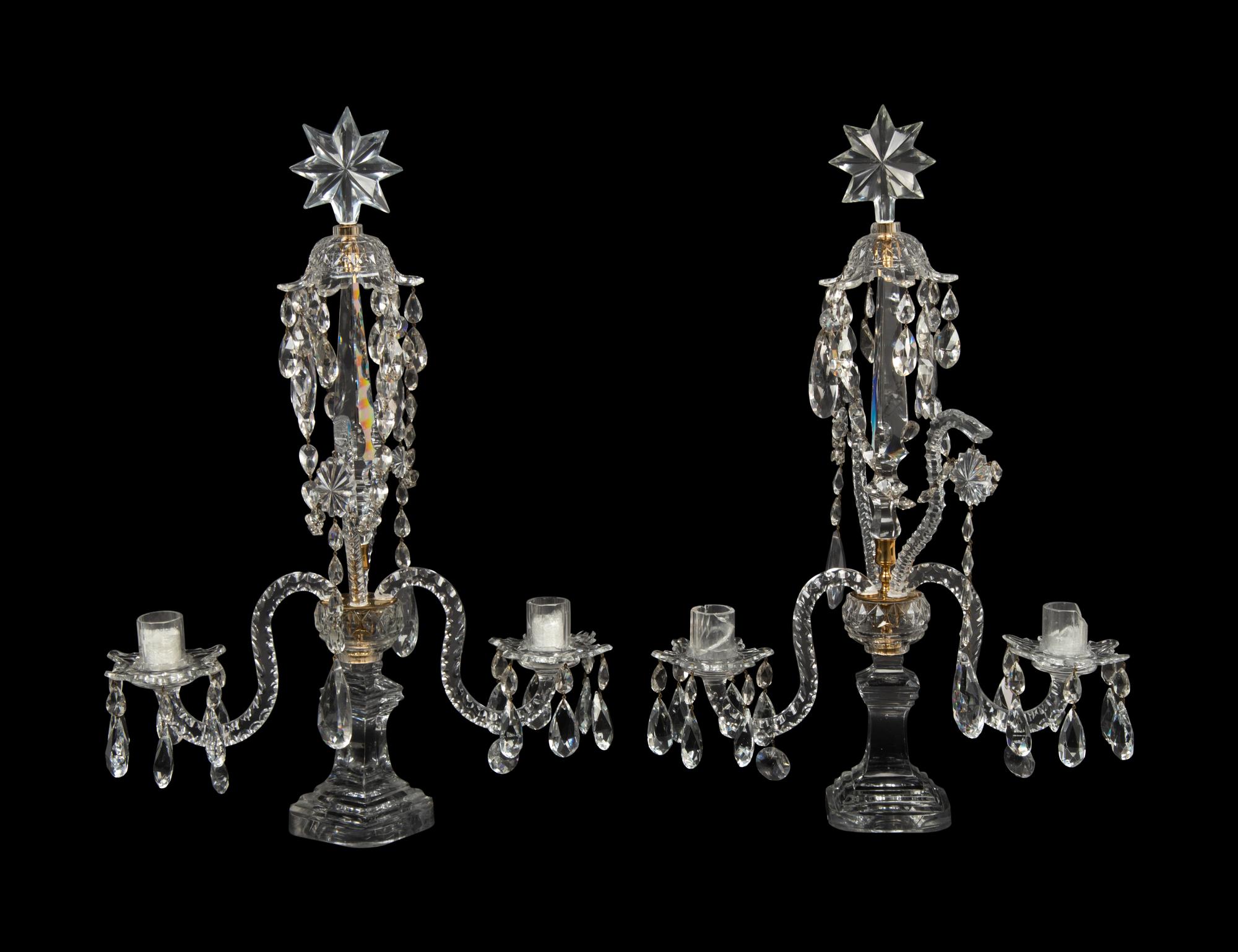 A Pair of English Brass Mounted Cut Glass Two-Light Girandoles