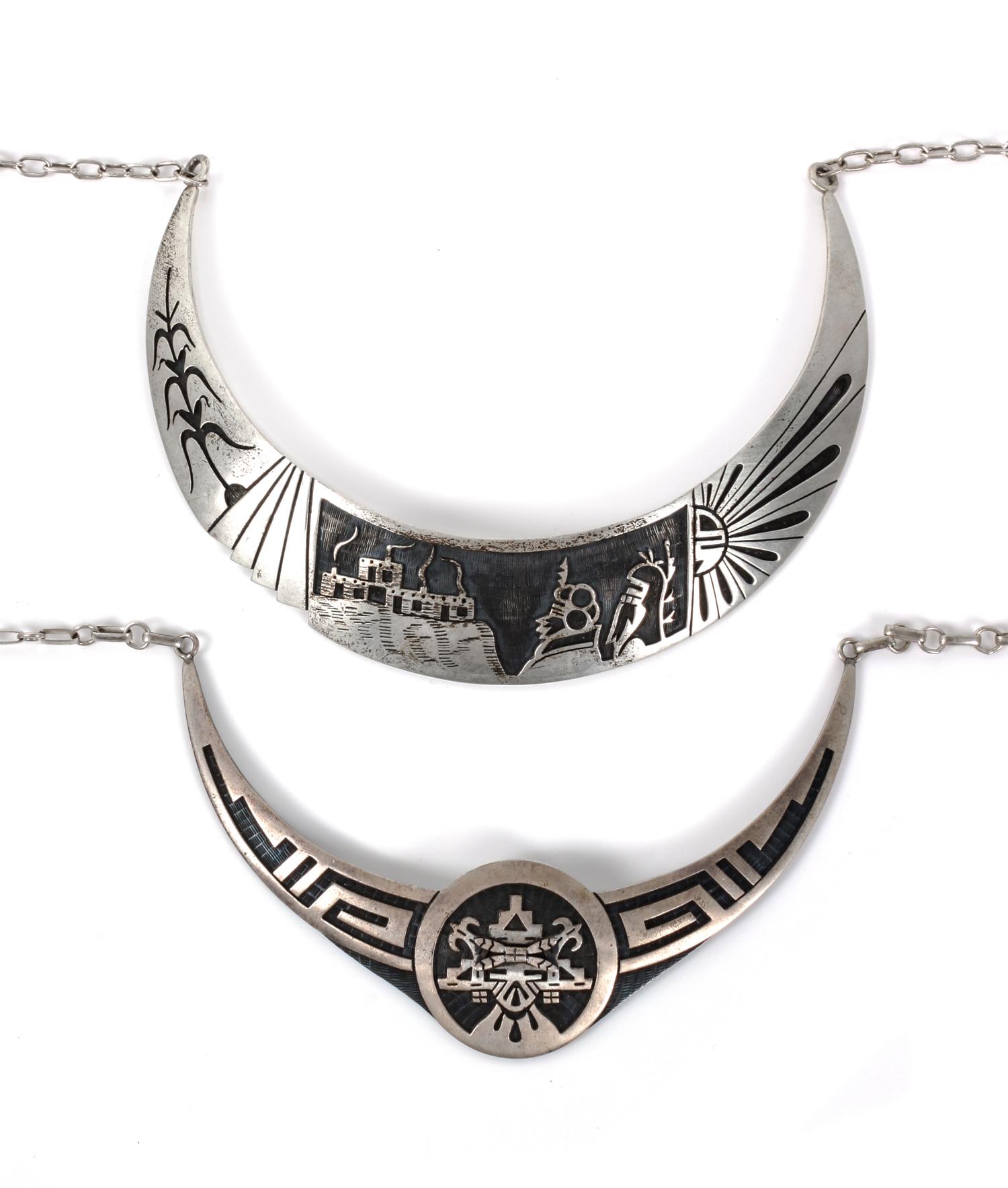 Two Southwestern Silver Pictorial Choker Necklaces. Length of larger 16 inches.