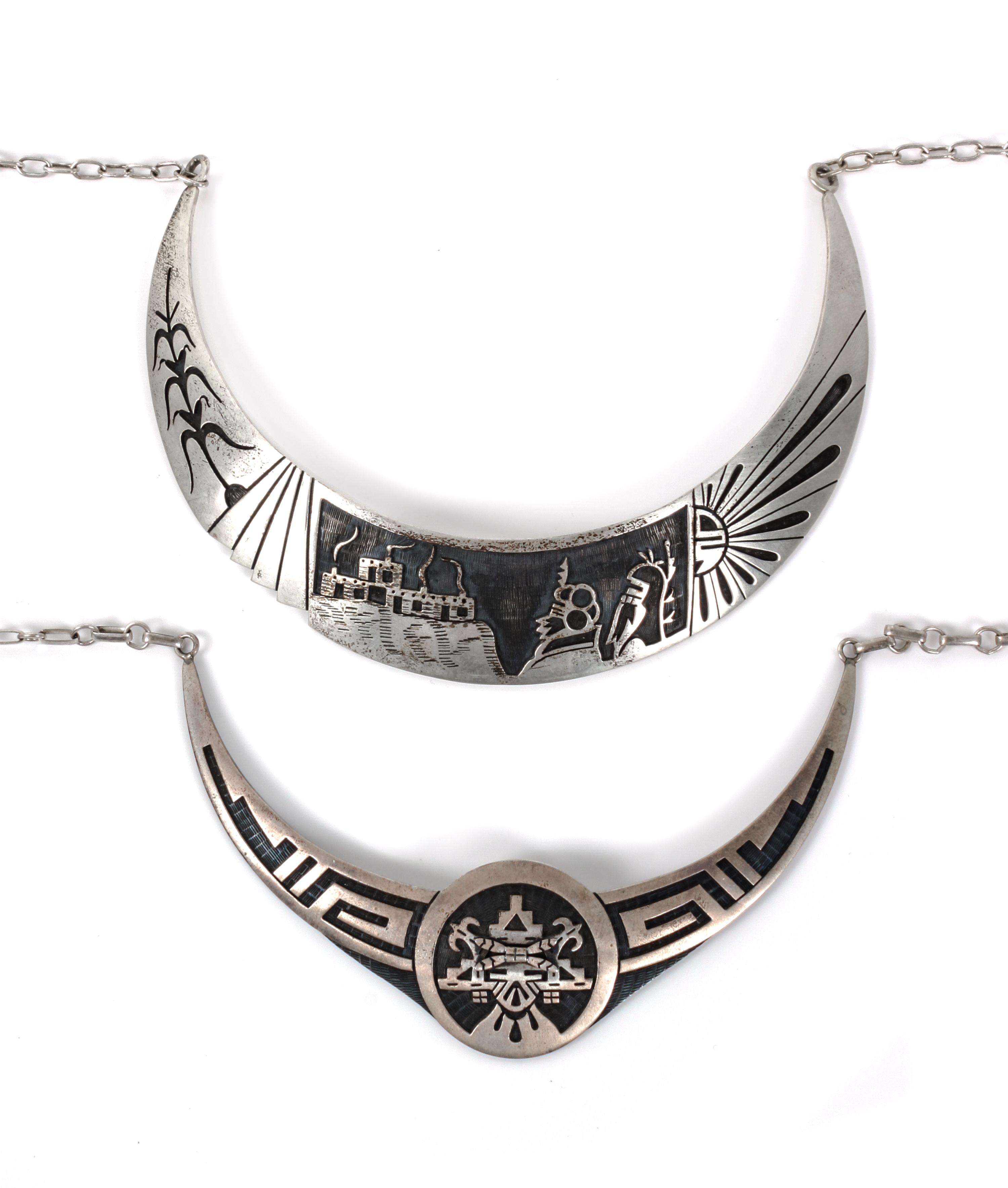 Two Southwestern Silver Pictorial Choker Necklaces. Length of larger 16 inches.