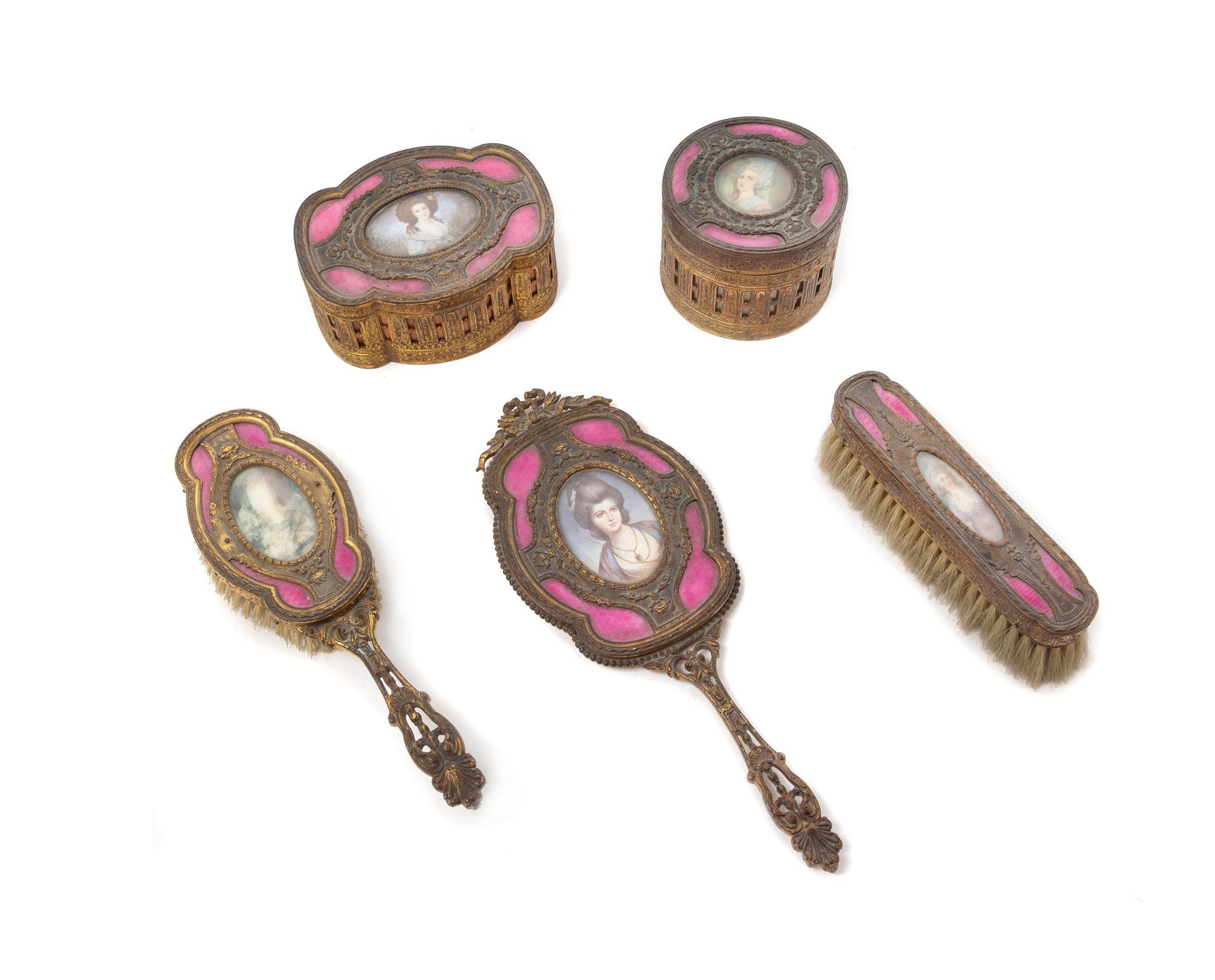A French Gilt Metal and Guilloche Enamel Dresser Set