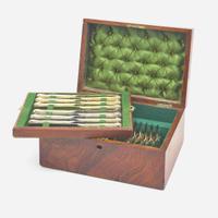 An assembled George III gilt-washed sterling silver dessert service for six in elm storage box William Chawner II, William Eley & William Fearn, and William Eley II, London, 1817, 1818, and 1827