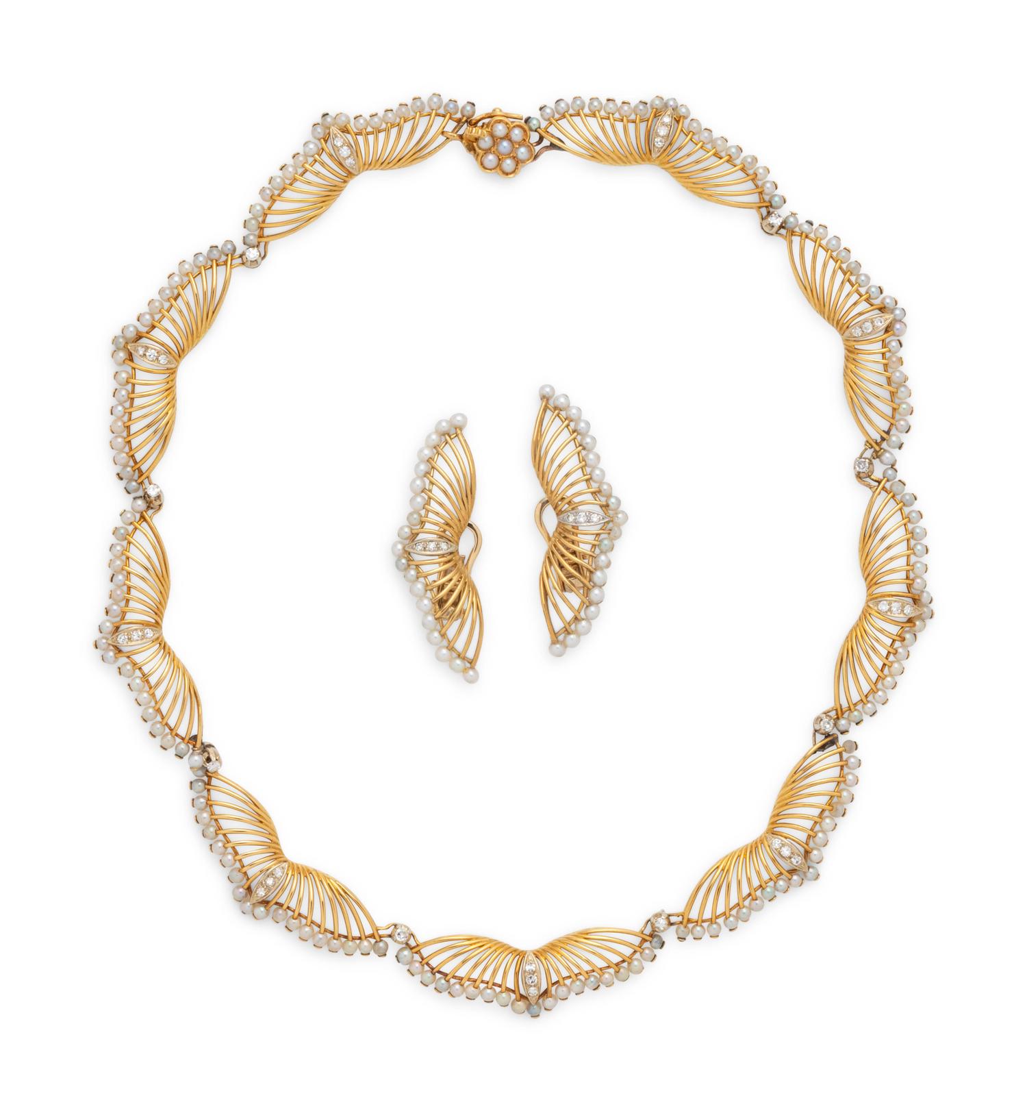 YELLOW GOLD, CULTURED PEARL AND DIAMOND SET