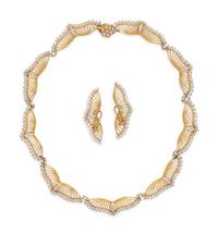 YELLOW GOLD, CULTURED PEARL AND DIAMOND SET