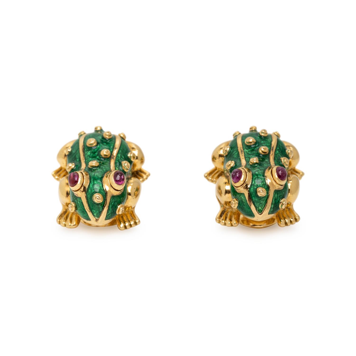 DAVID WEBB, RUBY, ENAMEL, AND YELLOW GOLD FROG EARRINGS