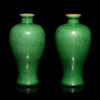 A Pair of Small Chinese Crackled Ground Green Glazed Meiping Vases, Late Qing Dynasty — 清晚期 綠釉開片小梅瓶一對
