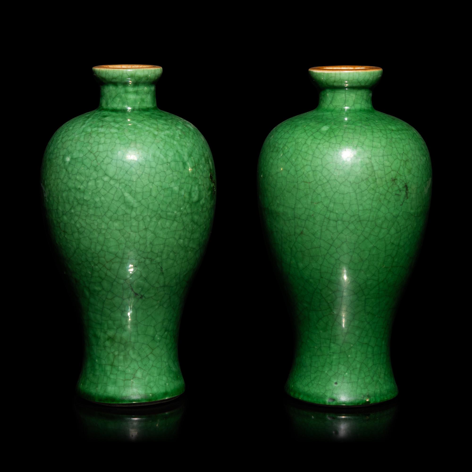 A Pair of Small Chinese Crackled Ground Green Glazed Meiping Vases, Late Qing Dynasty — 清晚期 綠釉開片小梅瓶一對