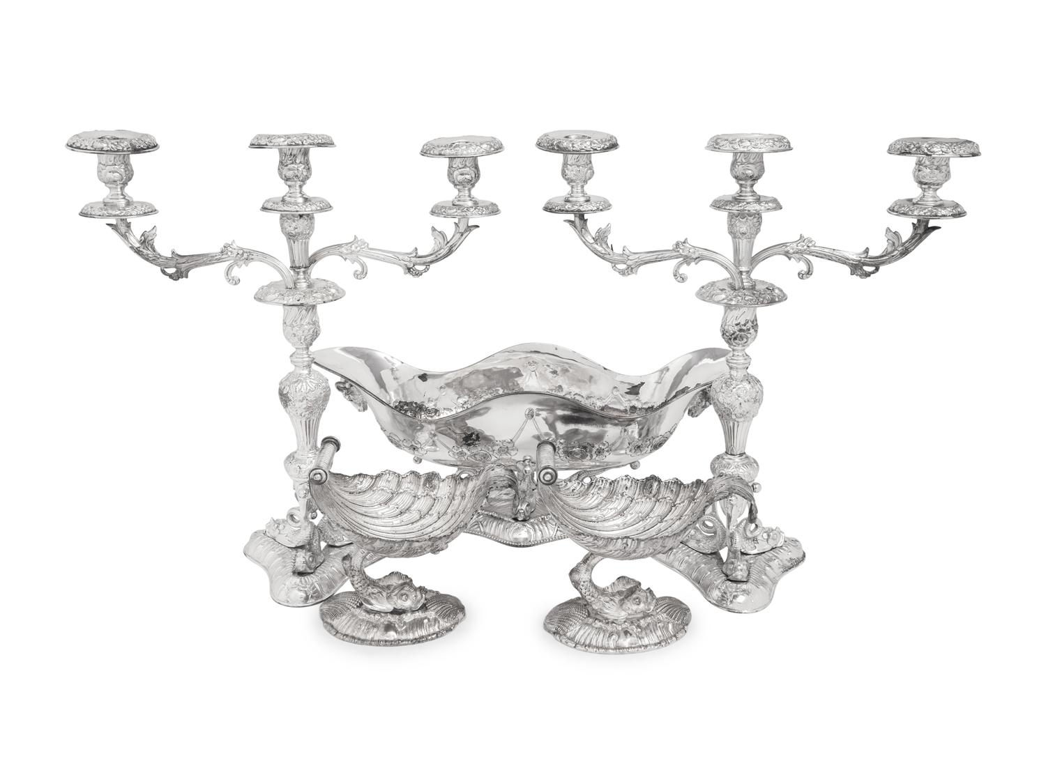 A Silver-Plate Dolphin Form Table Garniture