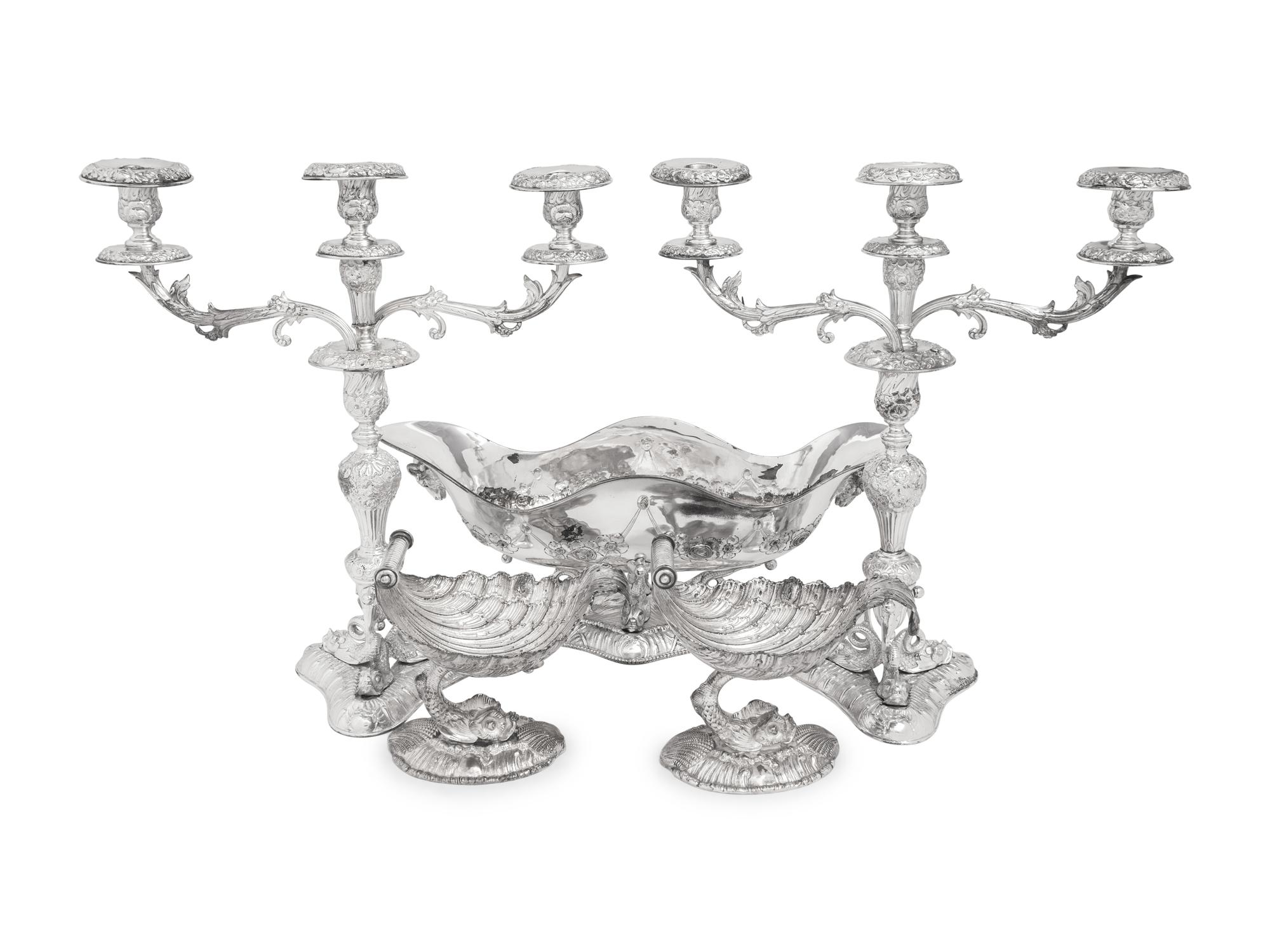 A Silver-Plate Dolphin Form Table Garniture