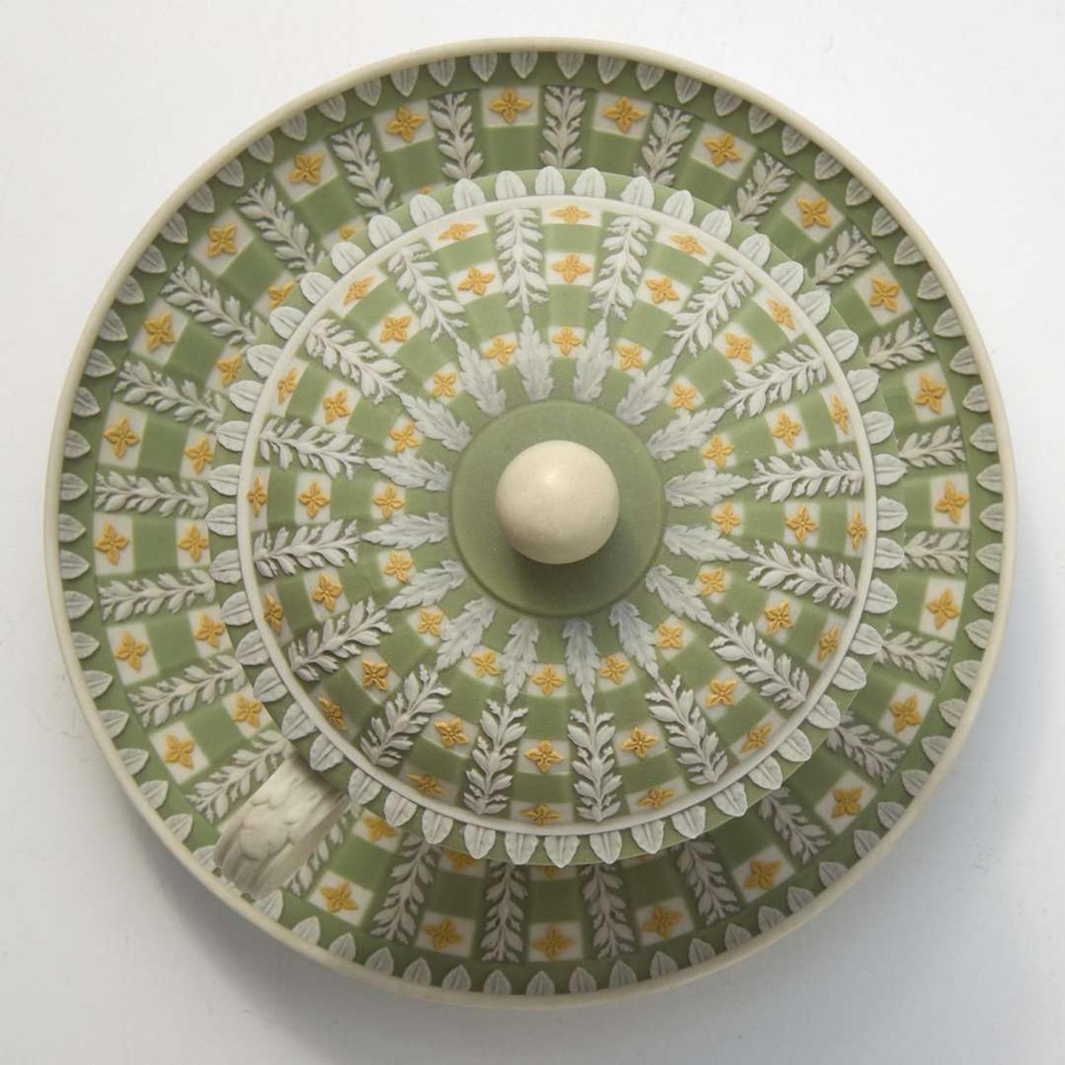 A Wedgwood Tricolor Diced Jasperware Lidded Chocolate Cup and Saucer UK, circa 1800