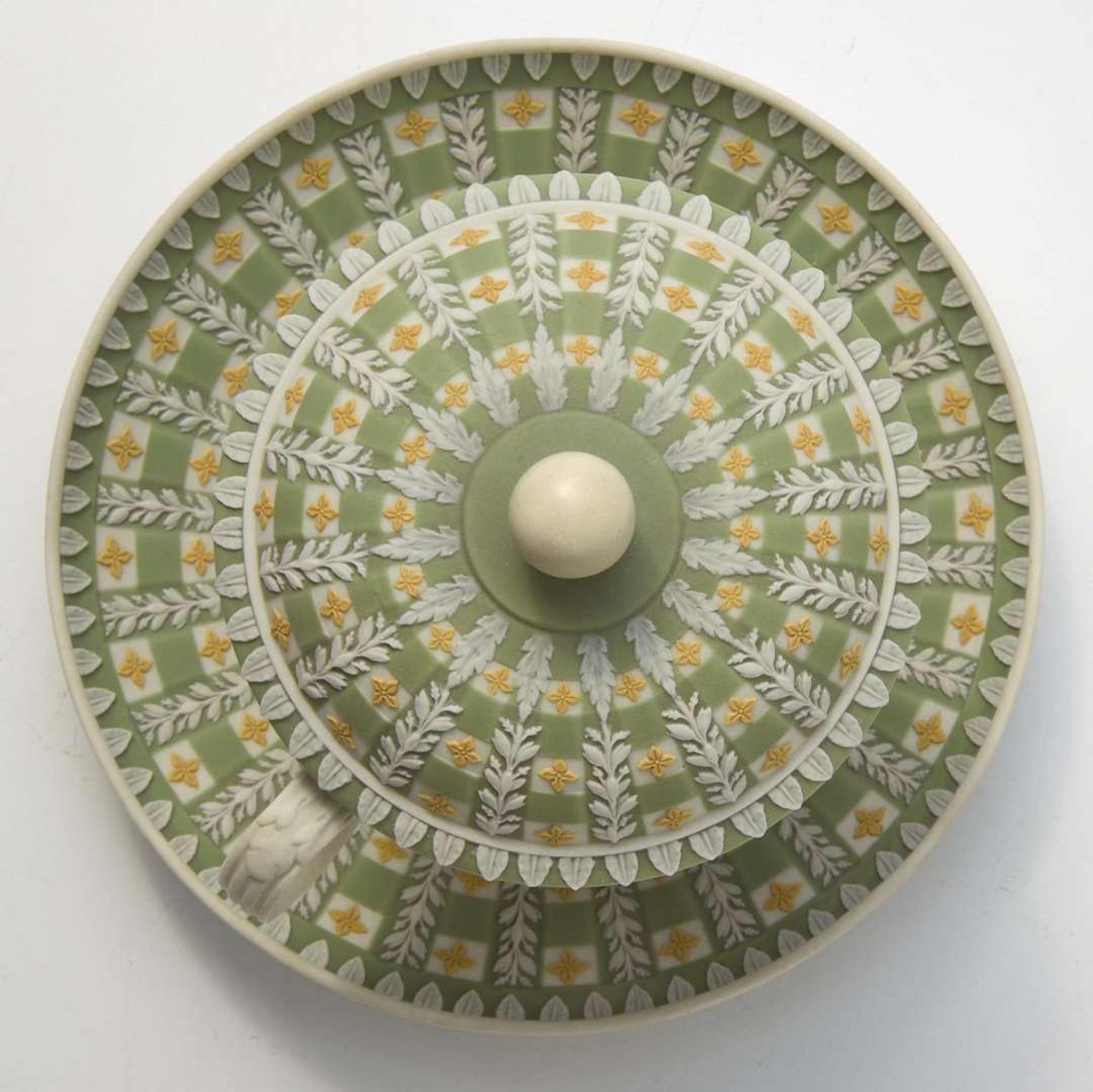 A Wedgwood Tricolor Diced Jasperware Lidded Chocolate Cup and Saucer UK, circa 1800