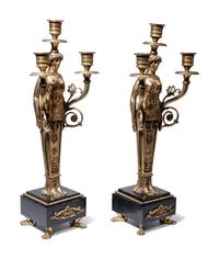 A Pair of Empire Style Gilt Bronze Figural Three-Light Candelabra