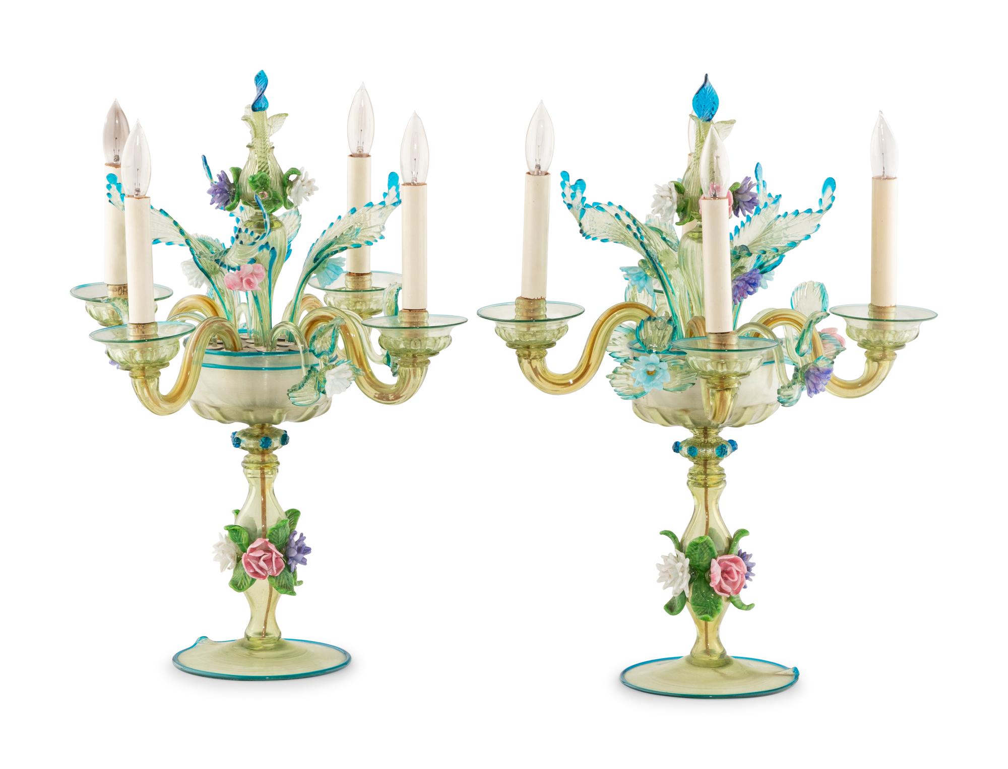 A Pair of Murano Glass Four-Light Candelabra